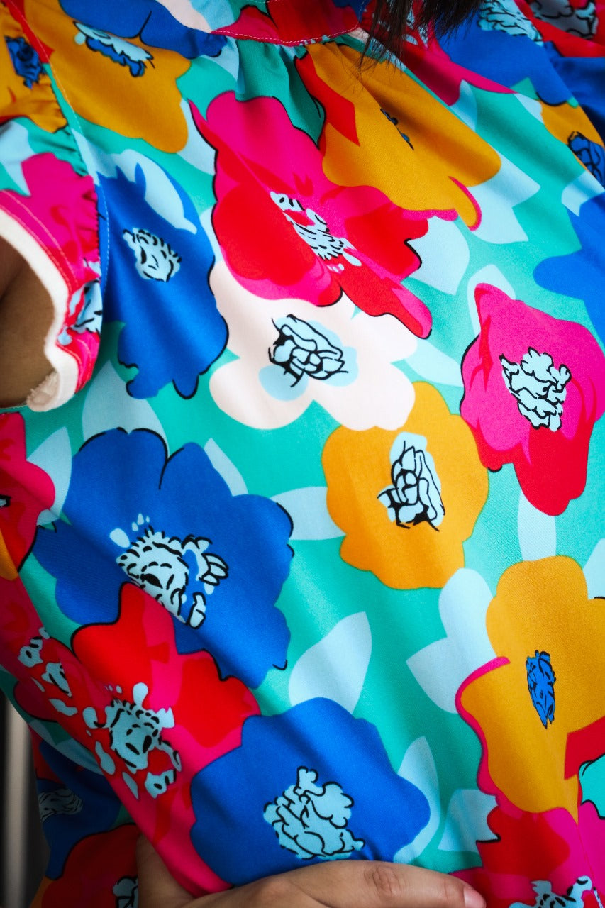 Multi Color Flower Print Flutter Sleeve Blouse