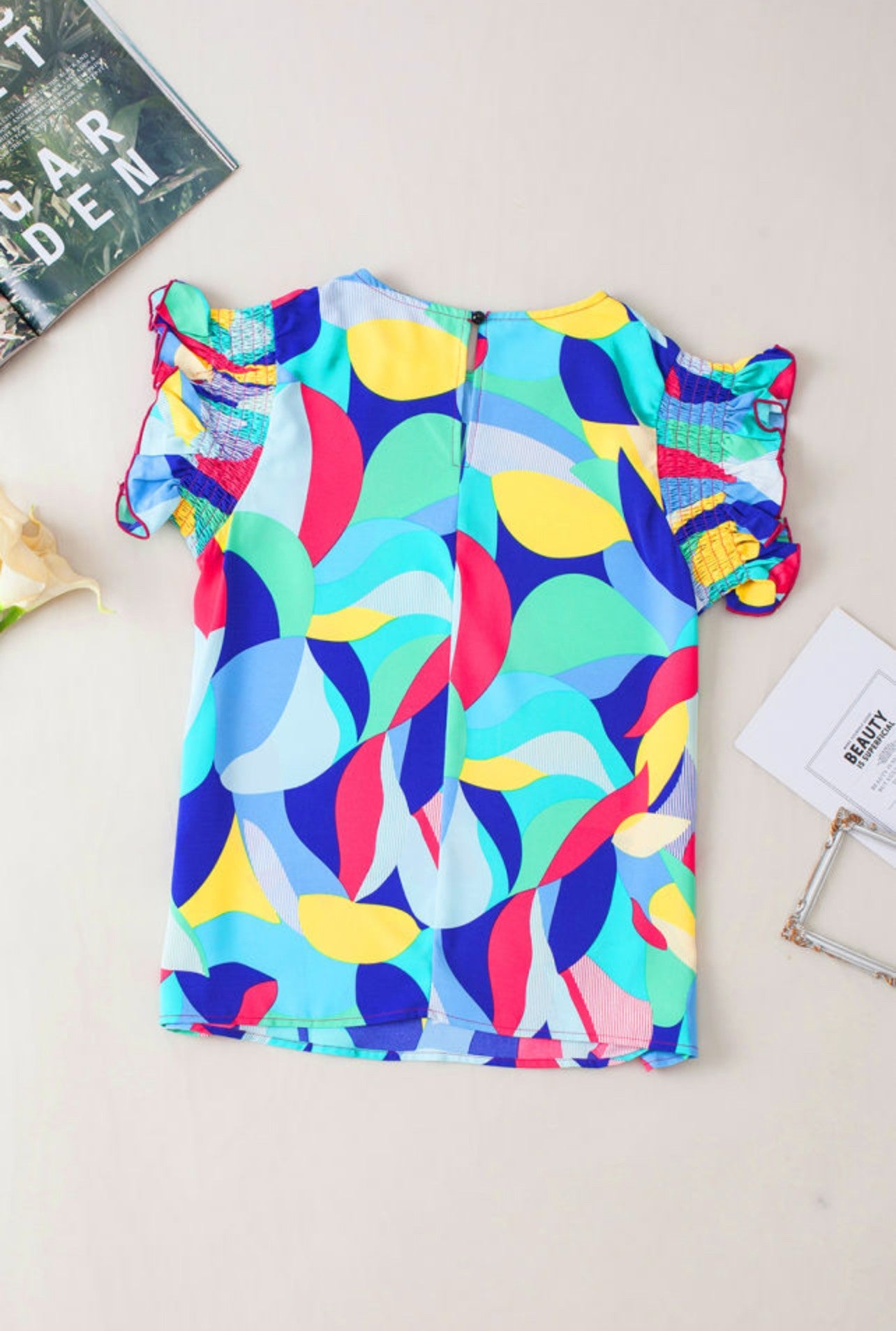Evelyn Abstract Ruffle Sleeve Blouse