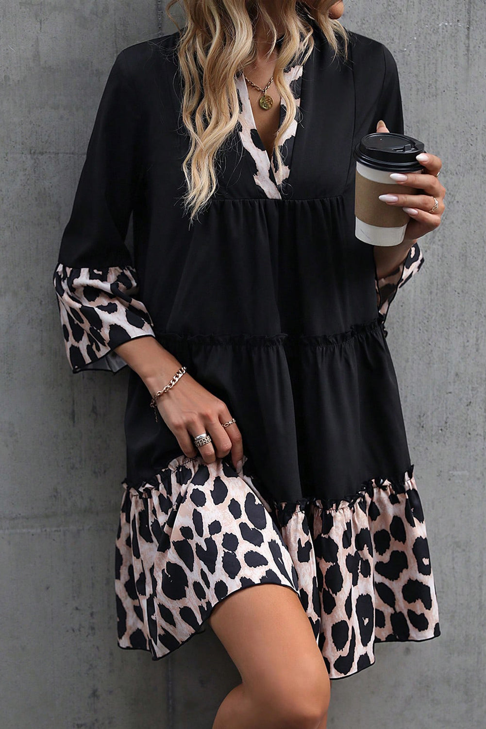 Black Leopard Sleeve Short Dress