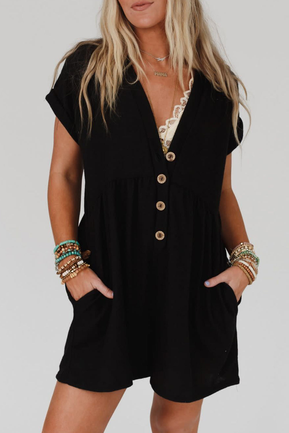 Black Loose V-Neck Buttons Romper