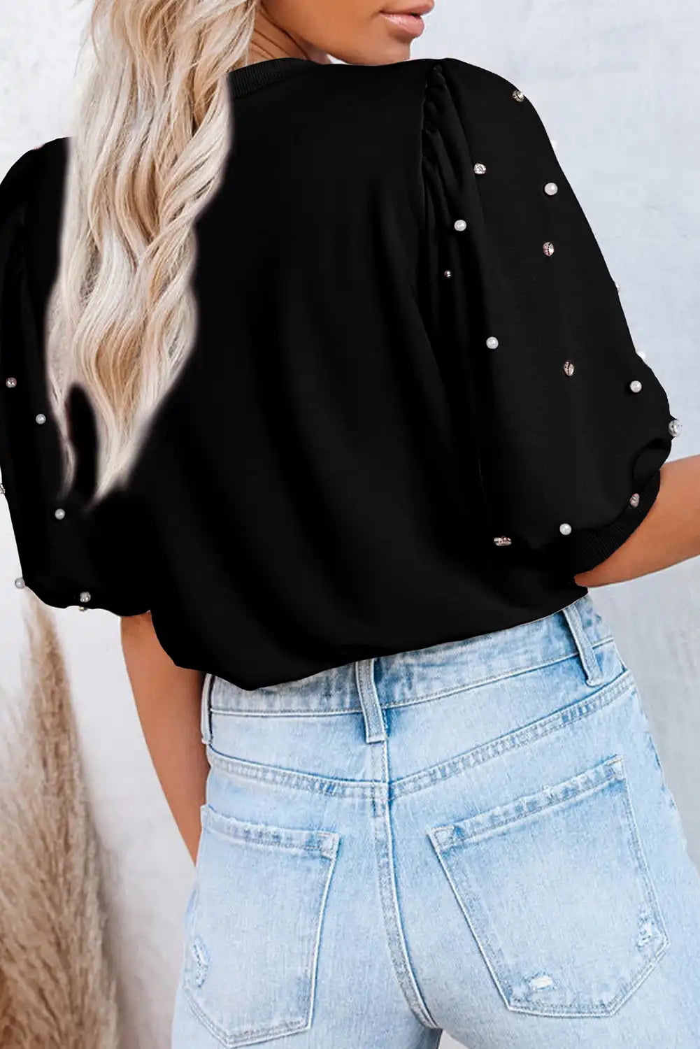 Black Rhinestone Pearl Half Sleeve Top