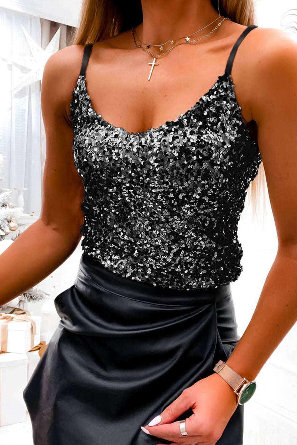 Black Sequins Adjustable Spaghetti Straps Top