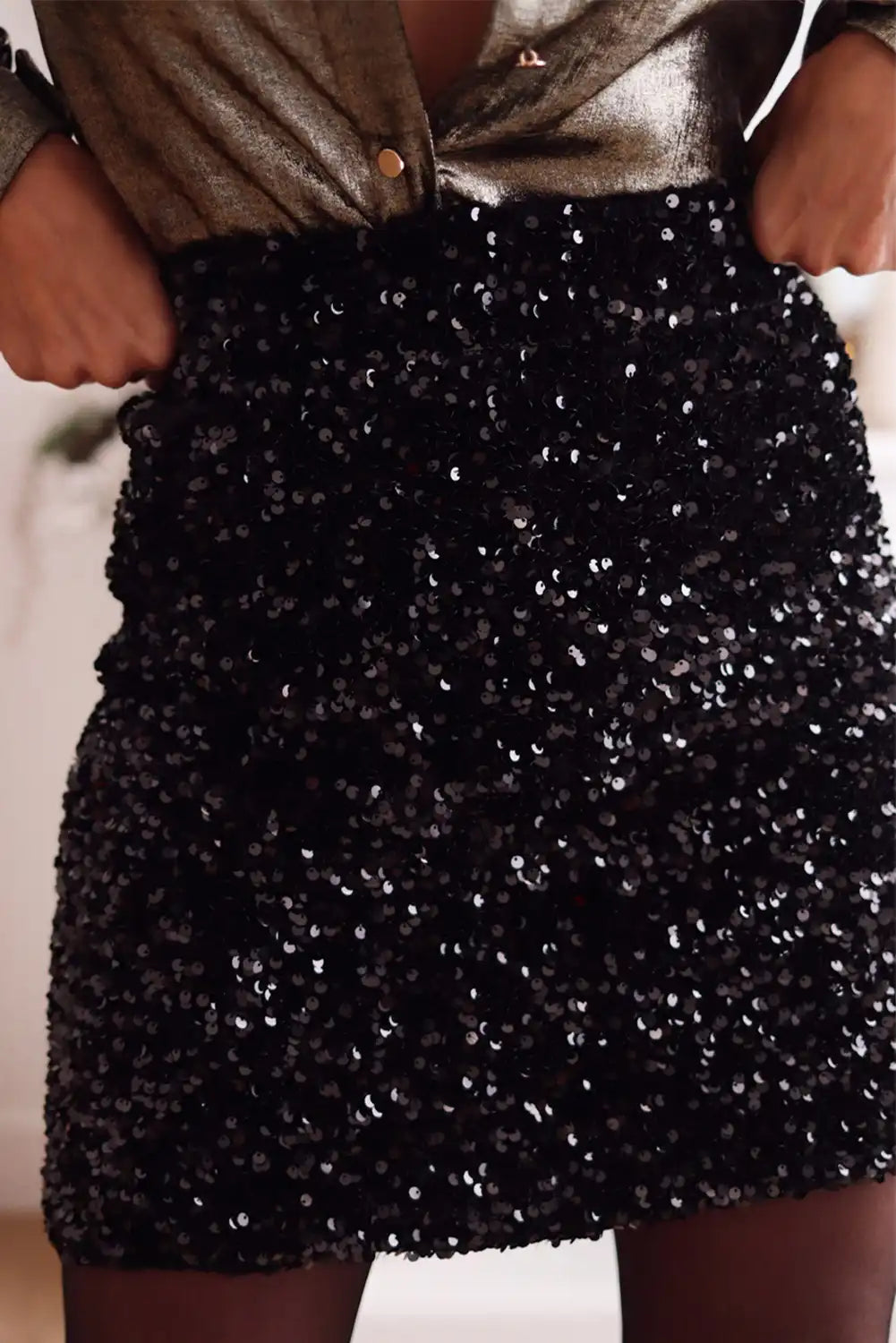 Black Sequins High Waist Mini Skirt