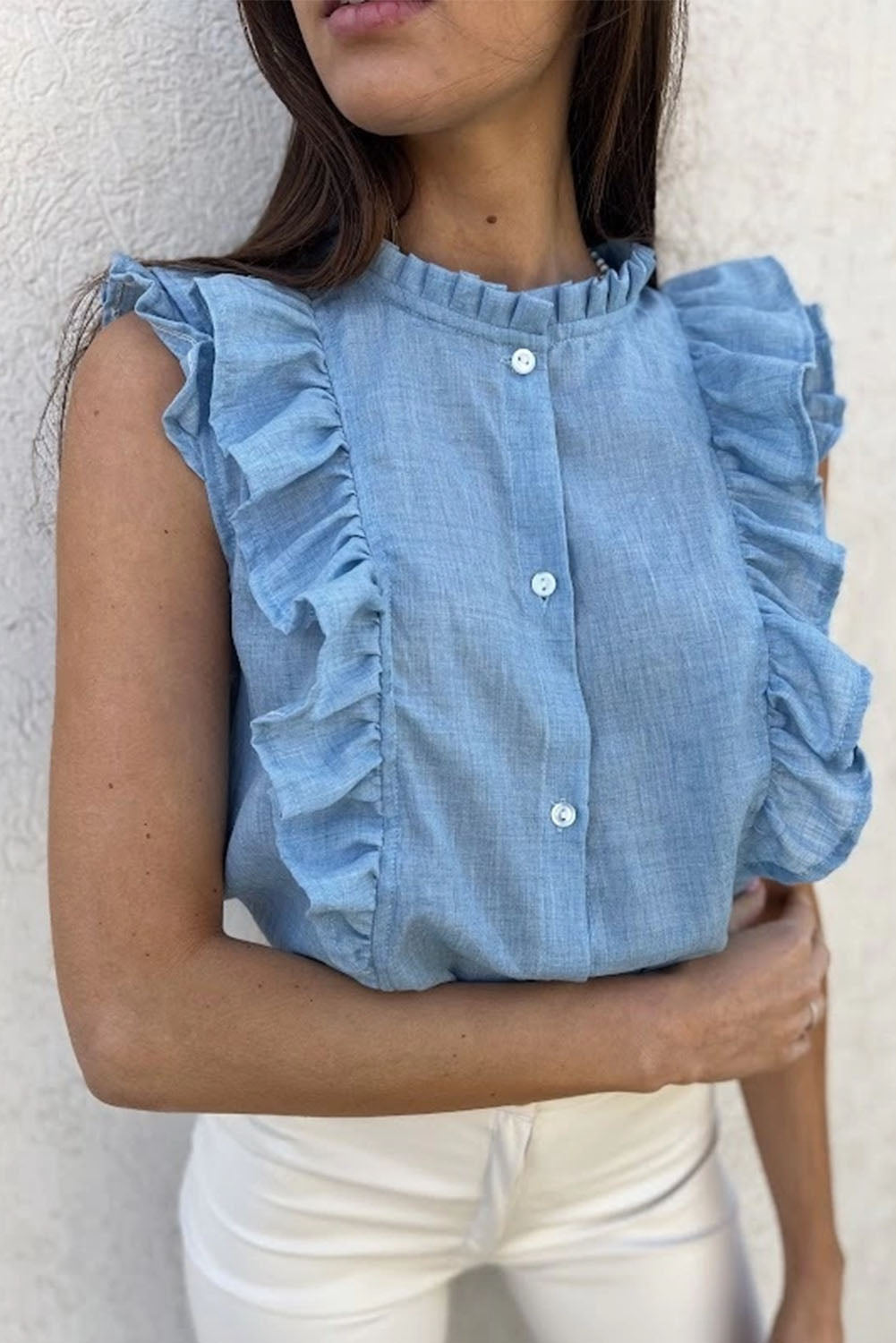 Blue Harper Ruffle Trim Sleeveless Shirt