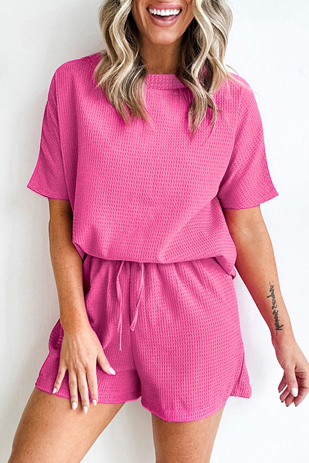 Bright Pink Casual Textured Two-Piece Set