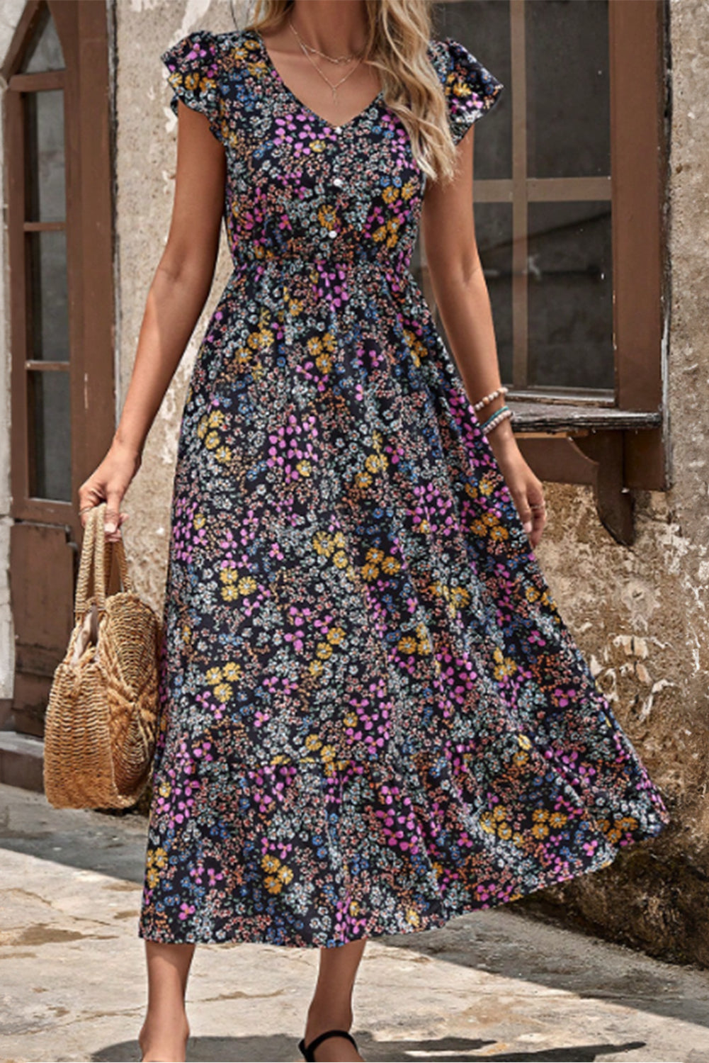 Decorative Ruffled Sleeve Midi Dress