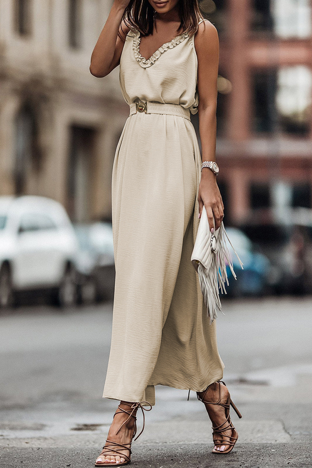 Earth Sleeveless Dress with Elastic Belt