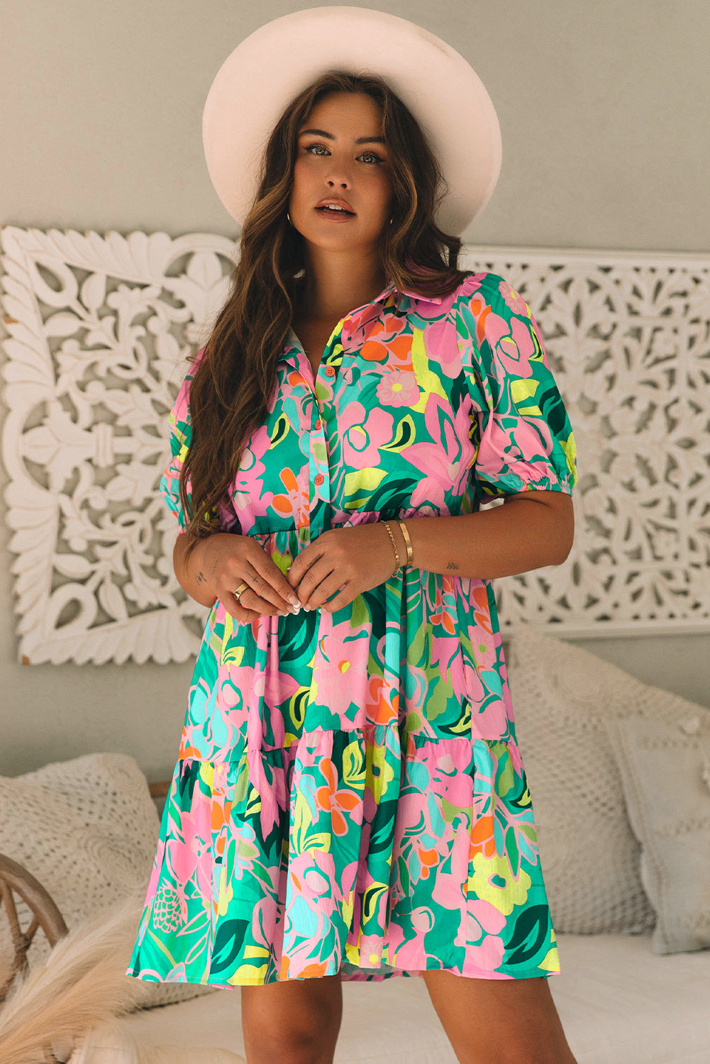 Flamingo Collar Buttoned Short Dress