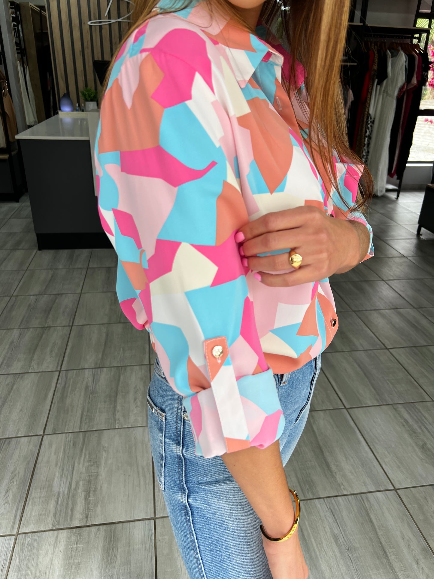 Harmony Geometric Roll-Up Sleeve Shirt