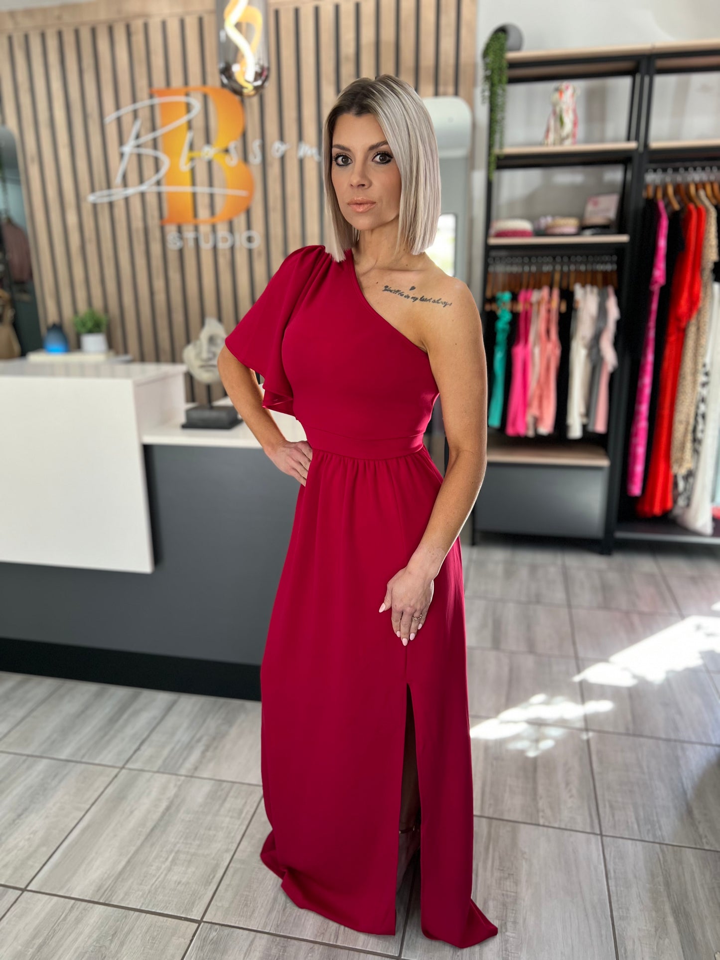 Burgundy Ruffle One Shoulder Long Dress with Slit