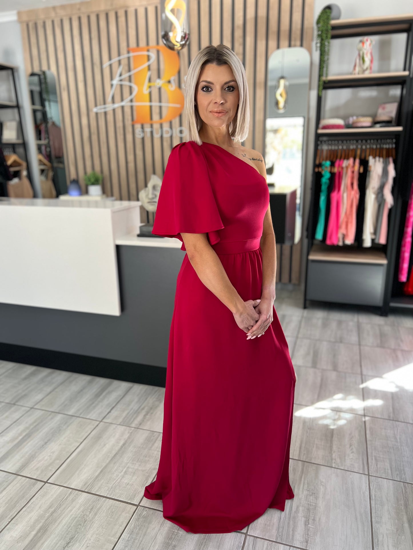 Burgundy Ruffle One Shoulder Long Dress with Slit