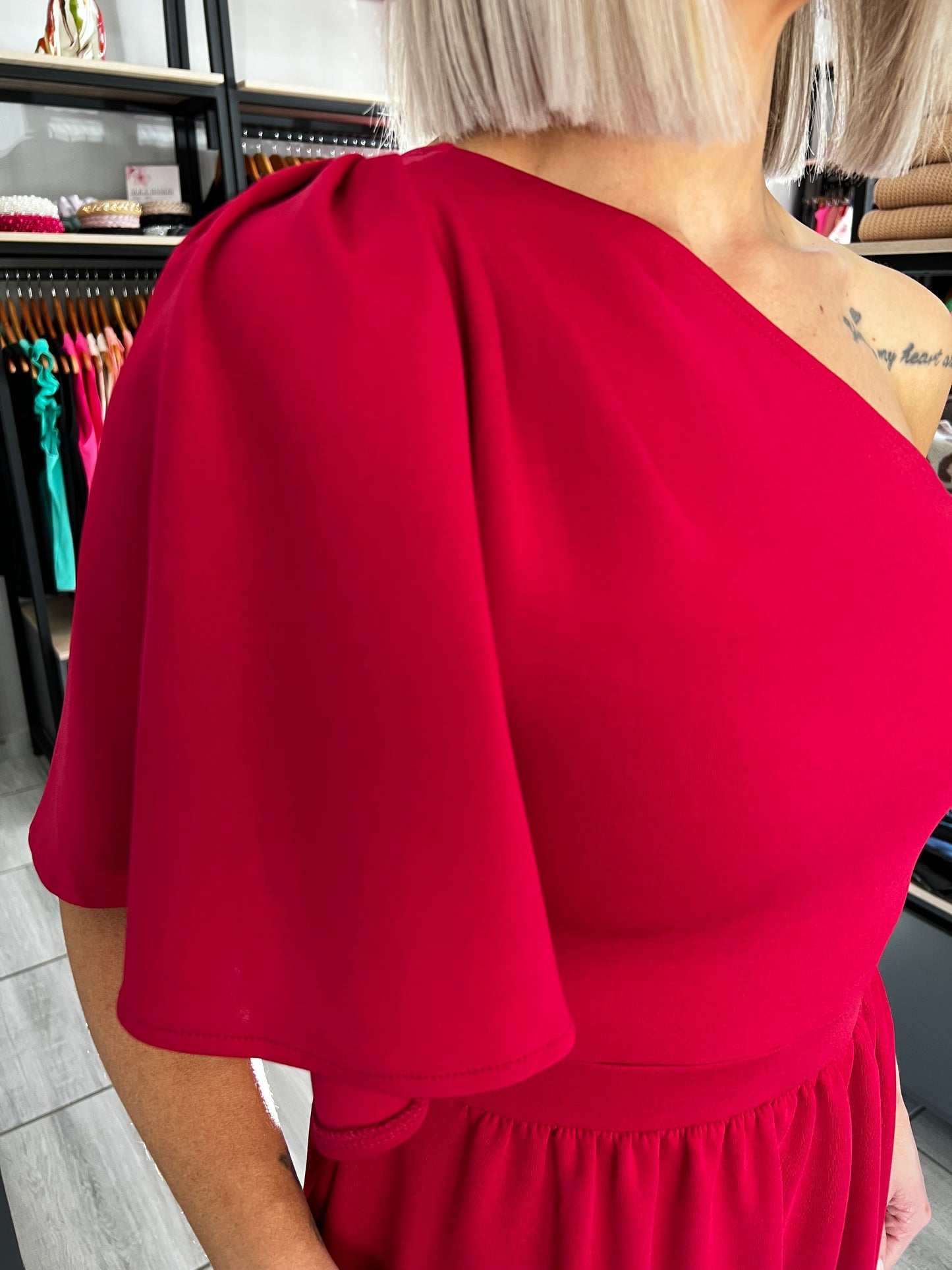 Burgundy Ruffle One Shoulder Long Dress with Slit