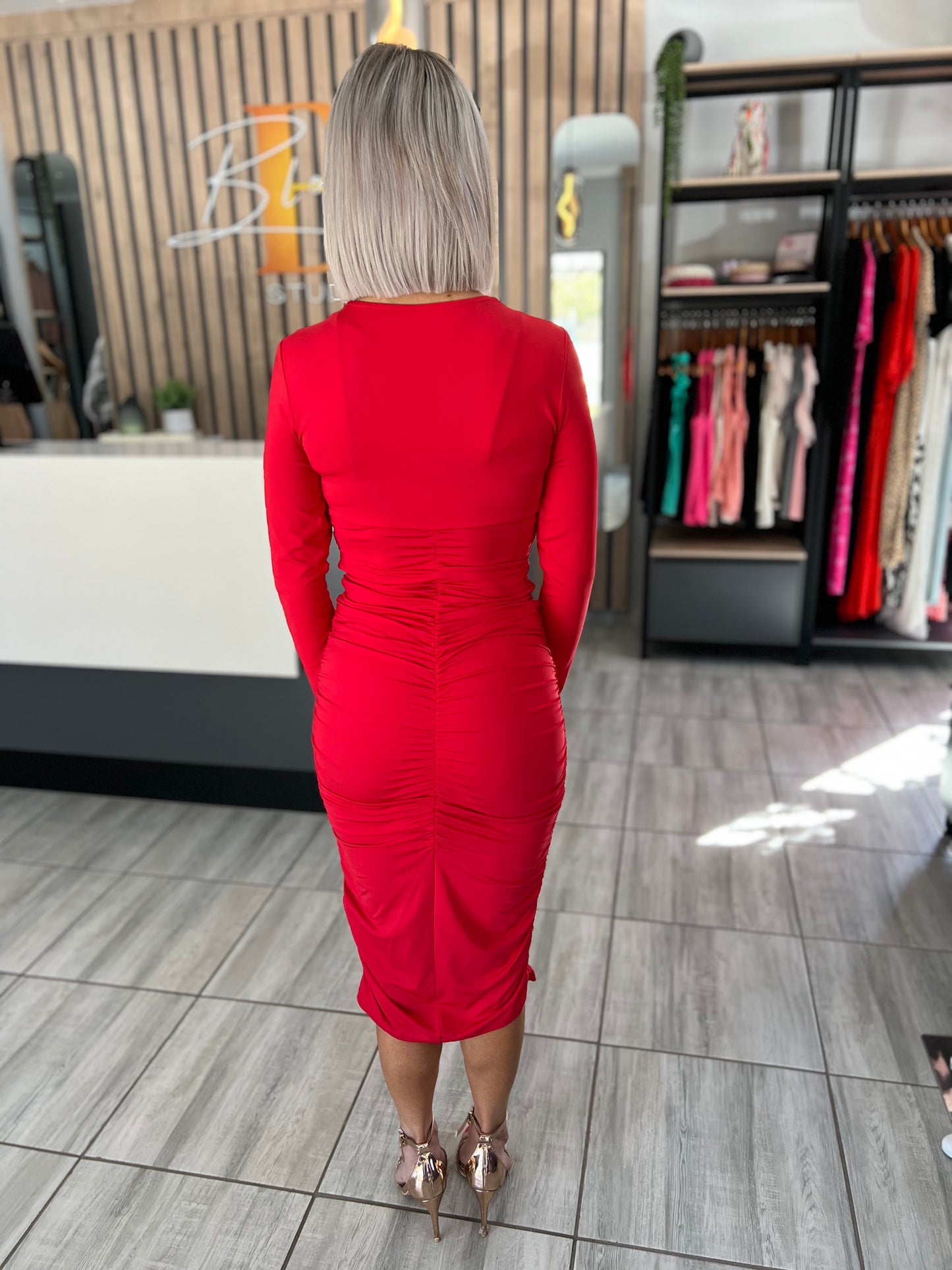Fierce Red Long Sleeve Bodycon Midi Dress