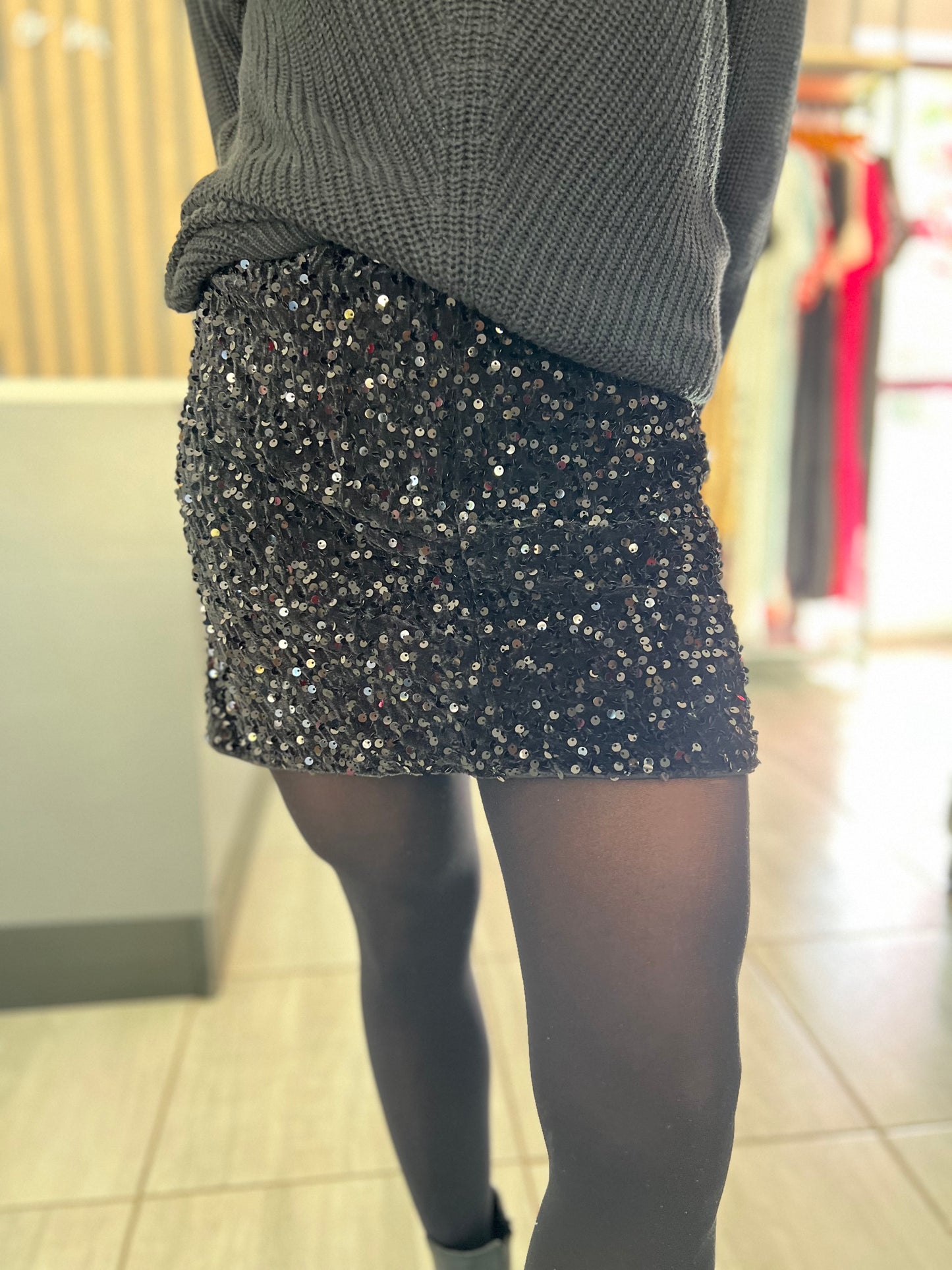 Black Sequins High Waist Mini Skirt