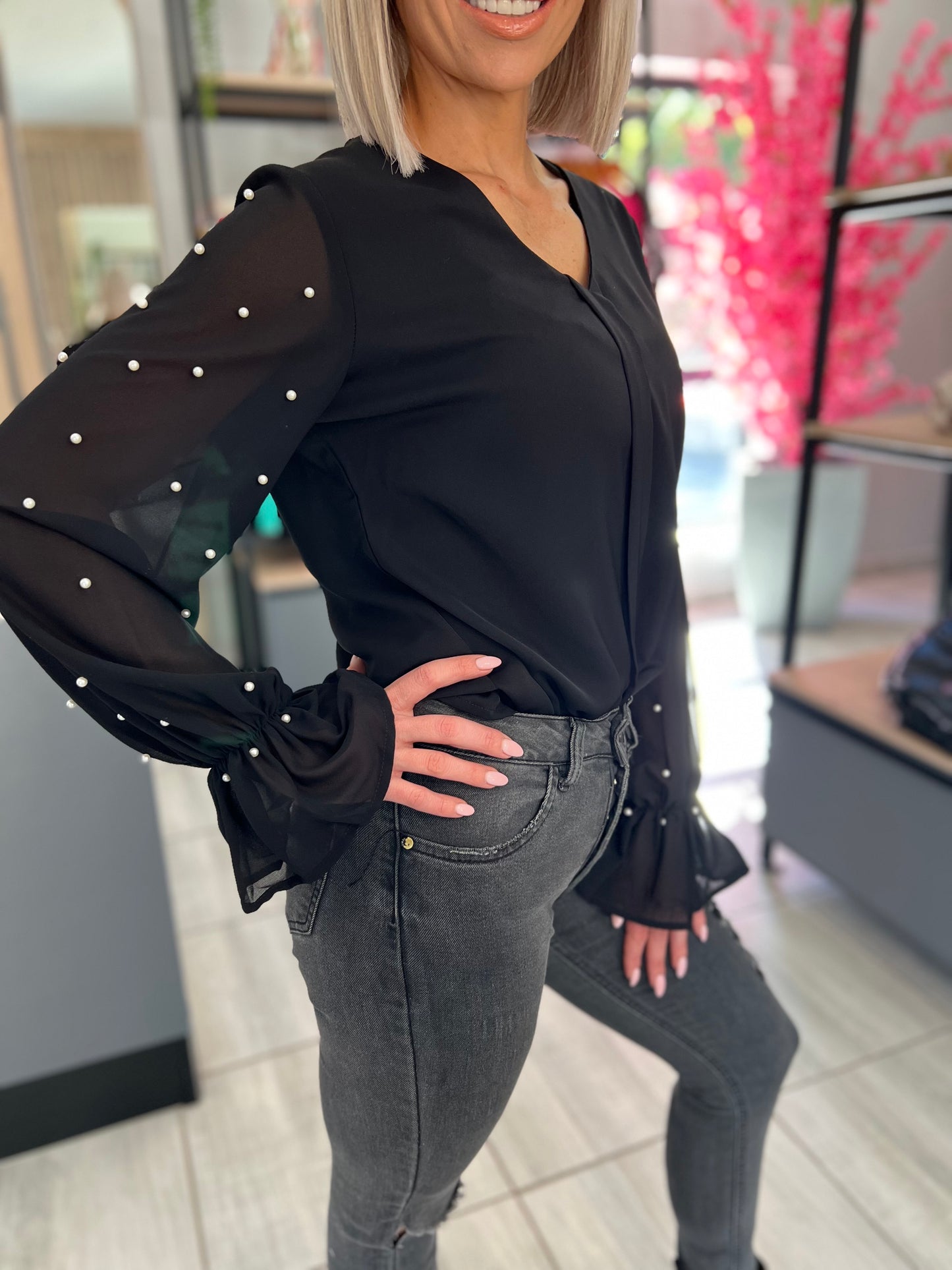 Black Mesh Pearls Long Sleeve Blouse