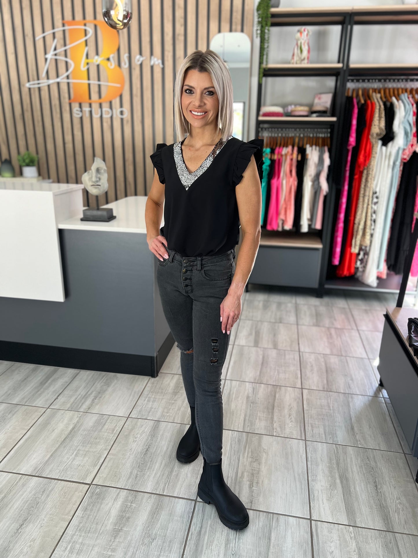 Black V-Neck Sequins Blouse