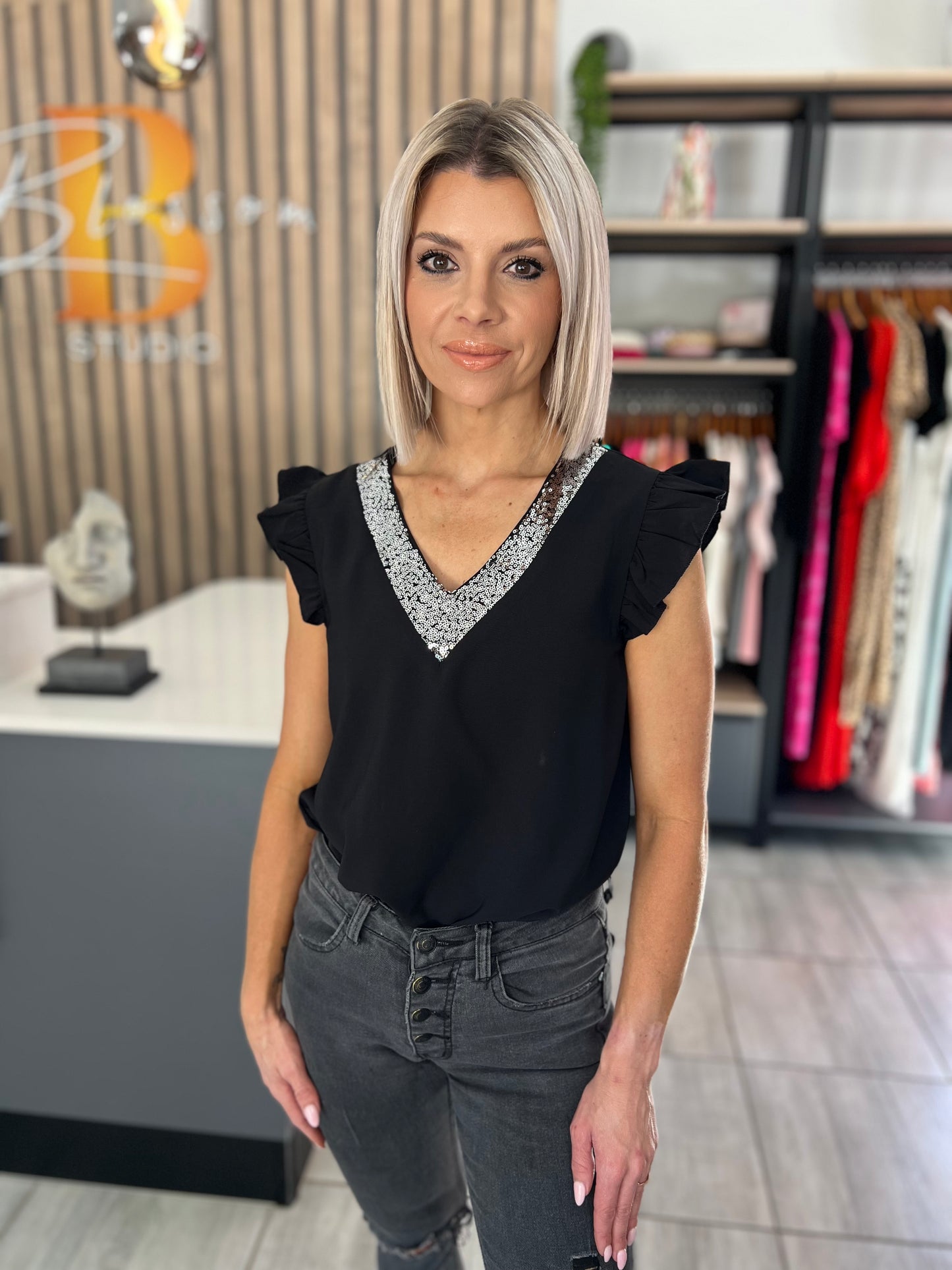 Black V-Neck Sequins Blouse