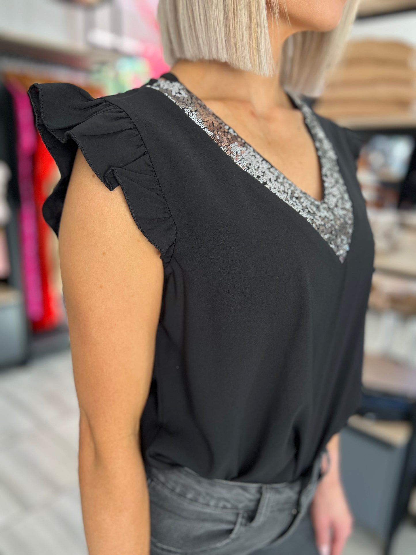 Black V-Neck Sequins Blouse
