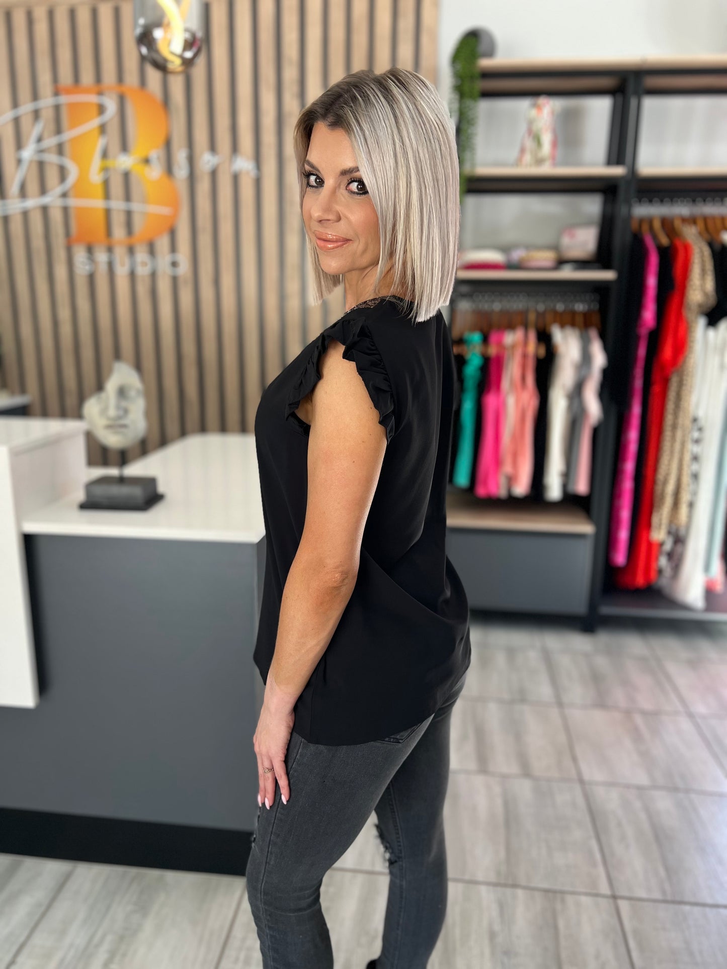 Black V-Neck Sequins Blouse