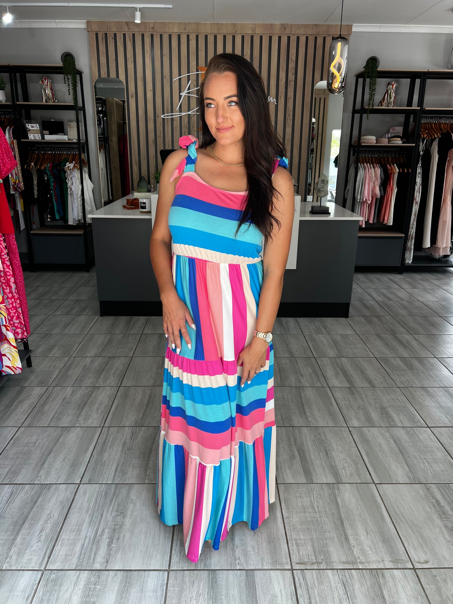 Multi Color Stripped Bow Knot Long Dress