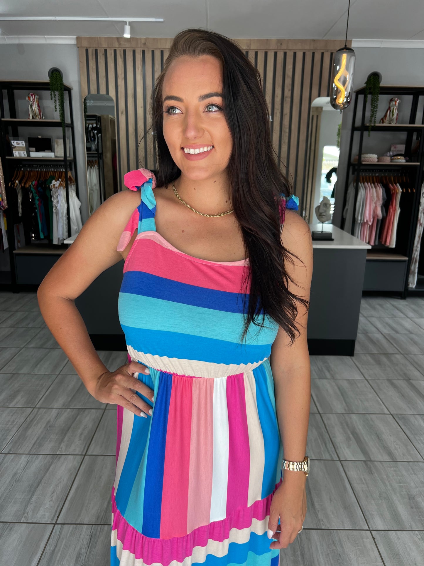 Multi Color Stripped Bow Knot Long Dress