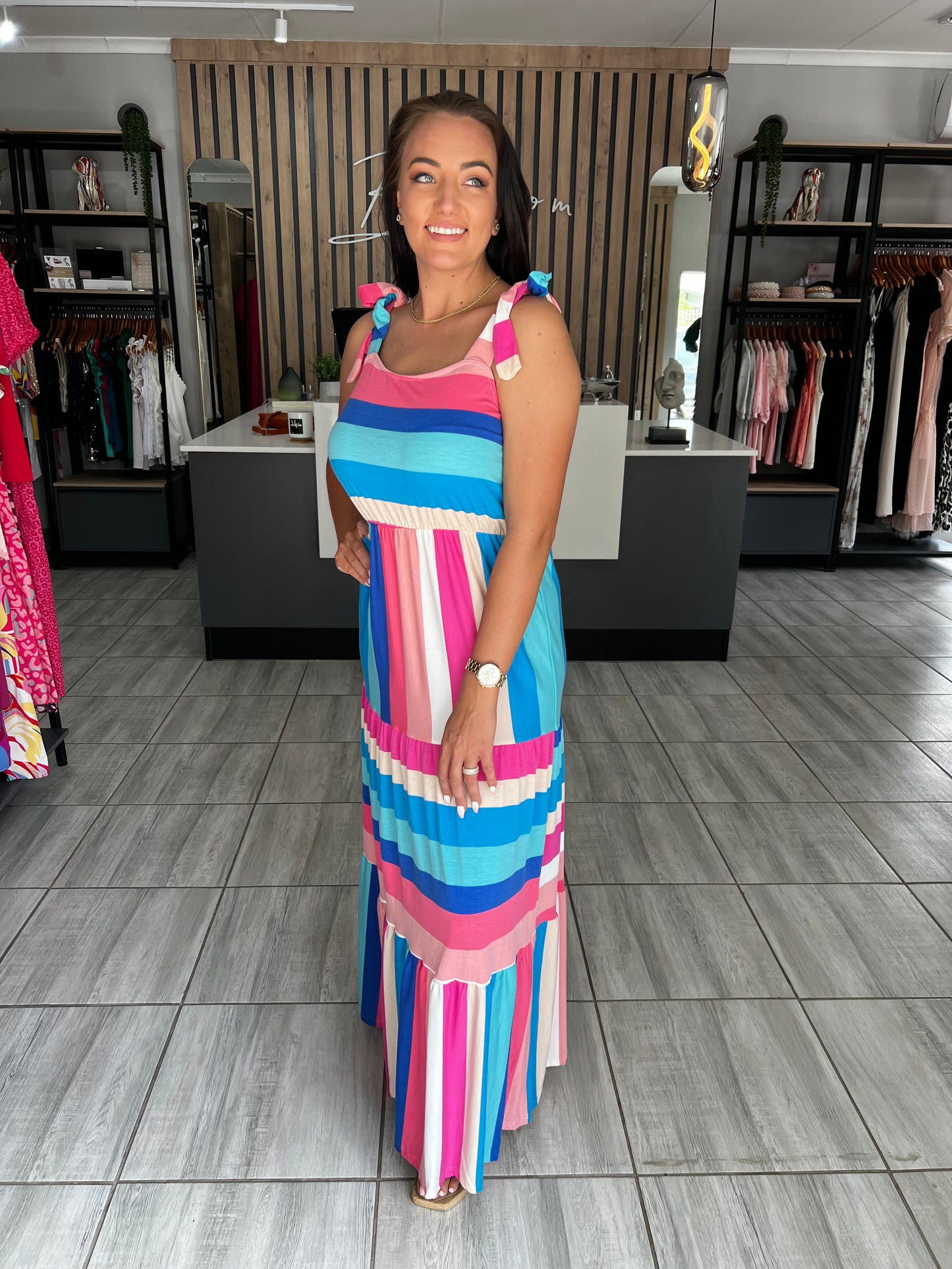 Multi Color Stripped Bow Knot Long Dress