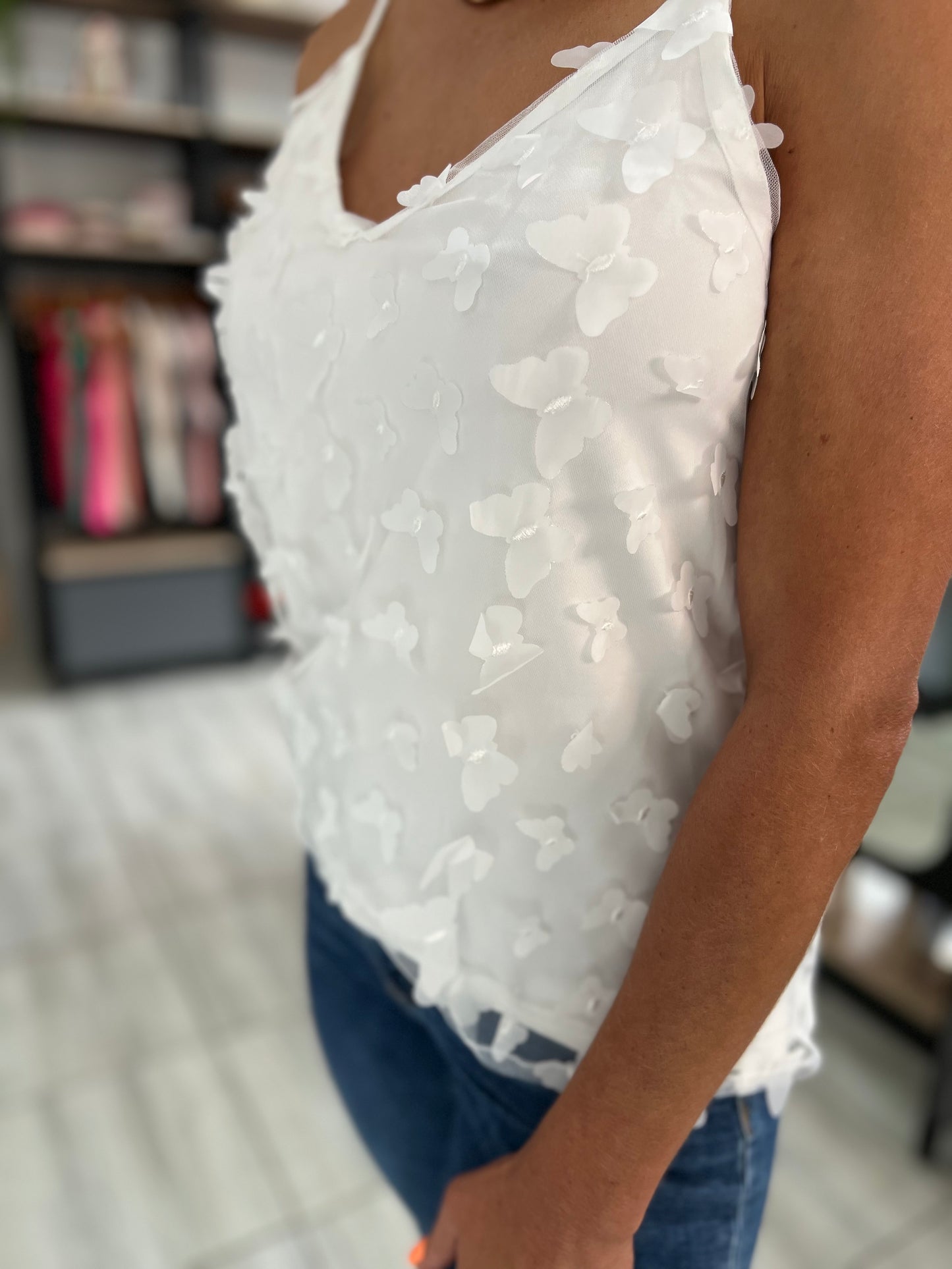 White Butterfly Spaghetti Straps Top