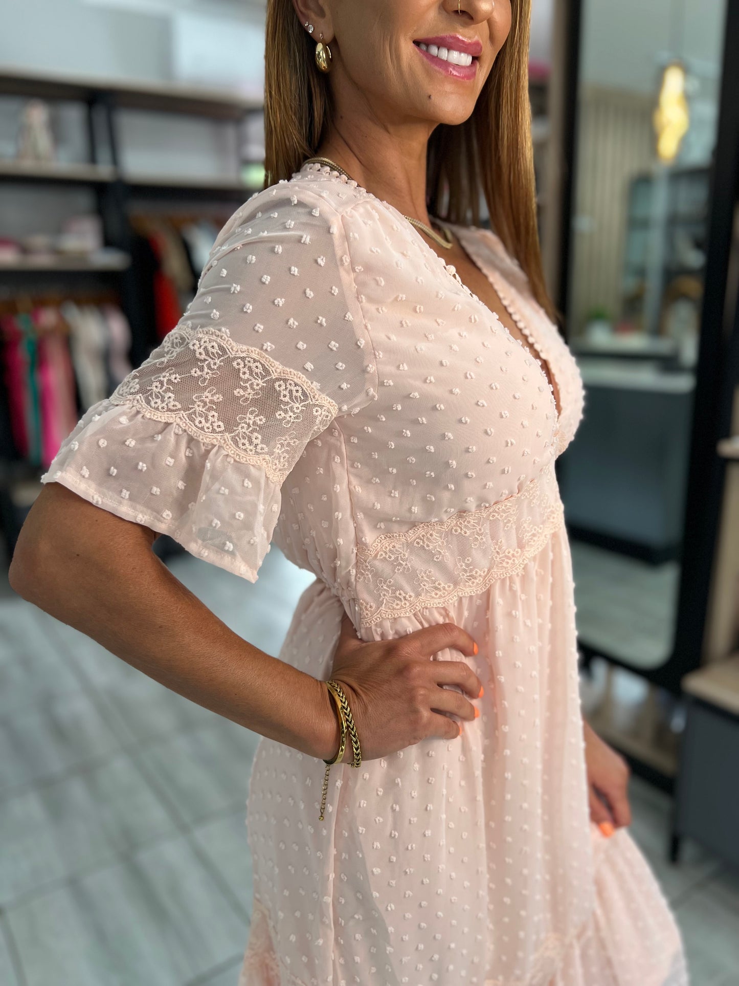 Peach Lace Dot Long Dress