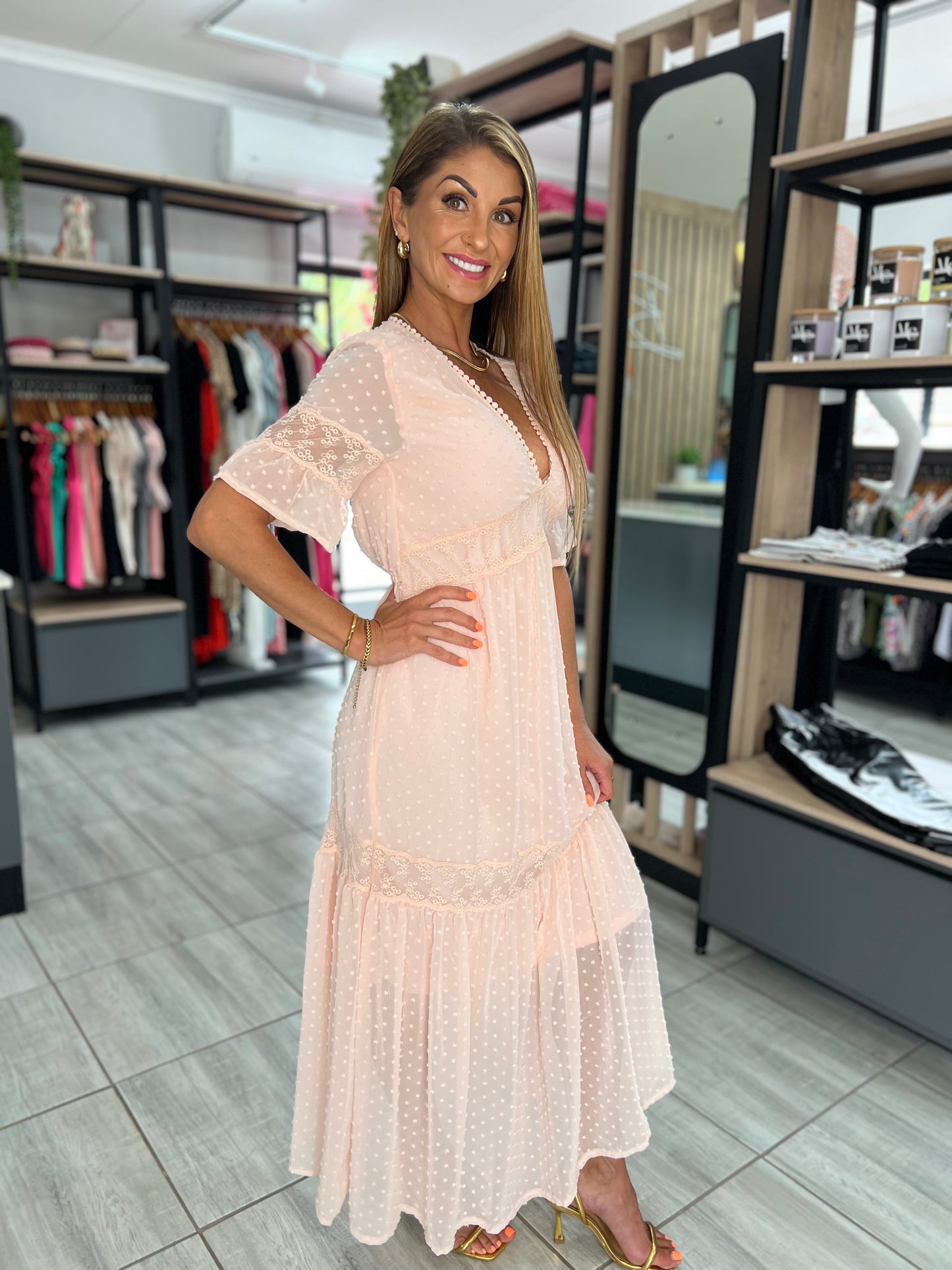 Peach Lace Dot Long Dress
