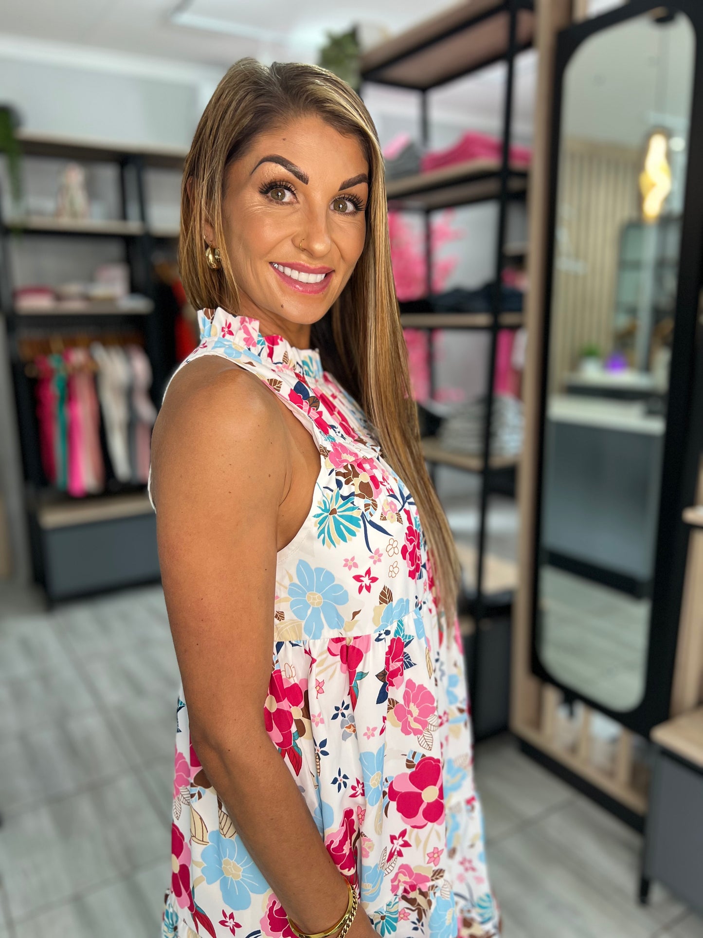 Floral Frill Sleeveless Short Dress