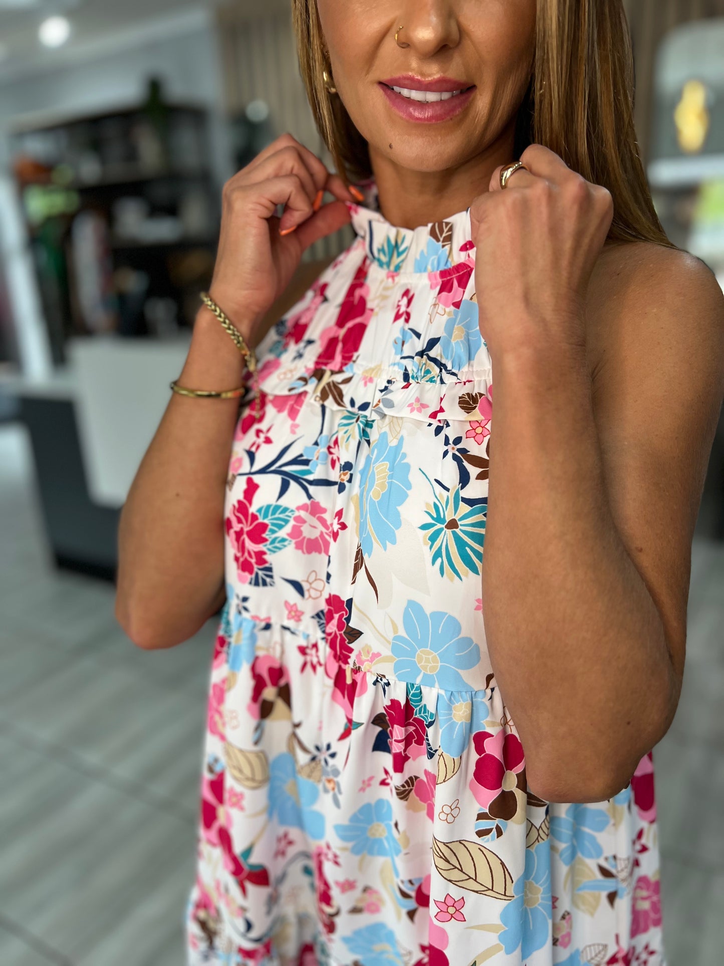Floral Frill Sleeveless Short Dress