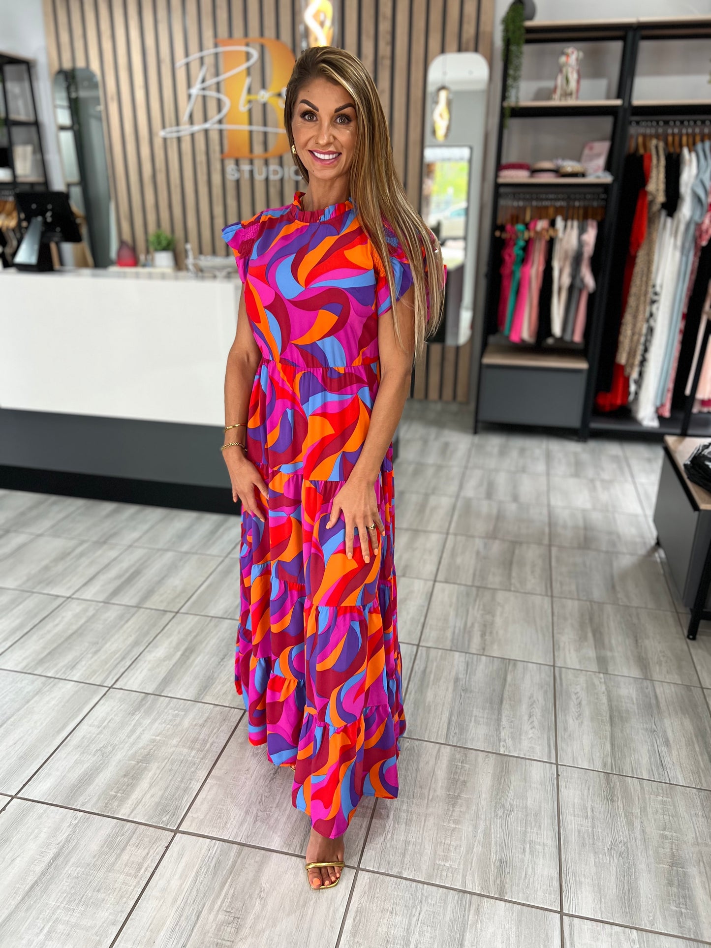 Vibrant Ruffle Tiered Long Dress