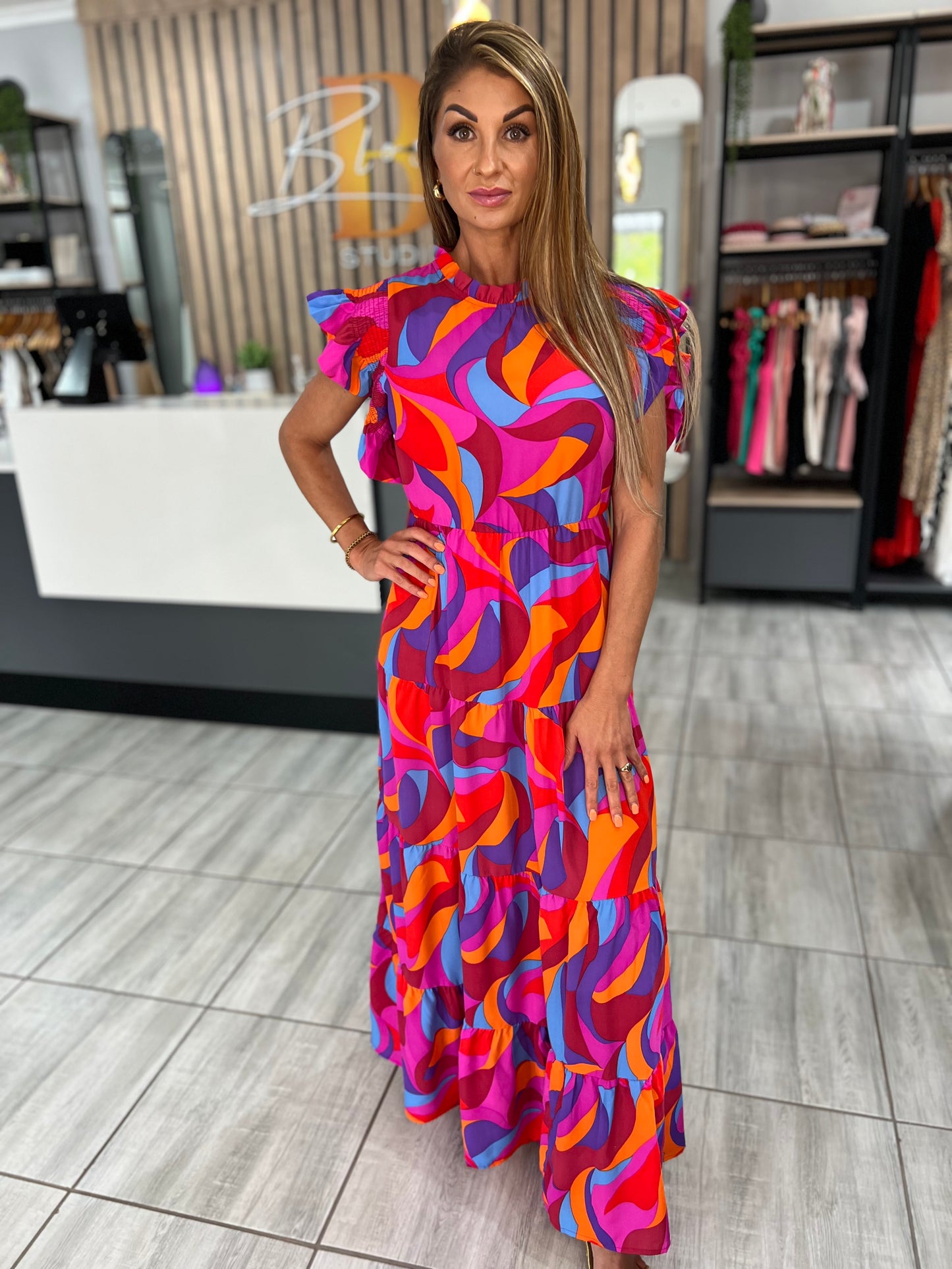 Vibrant Ruffle Tiered Long Dress