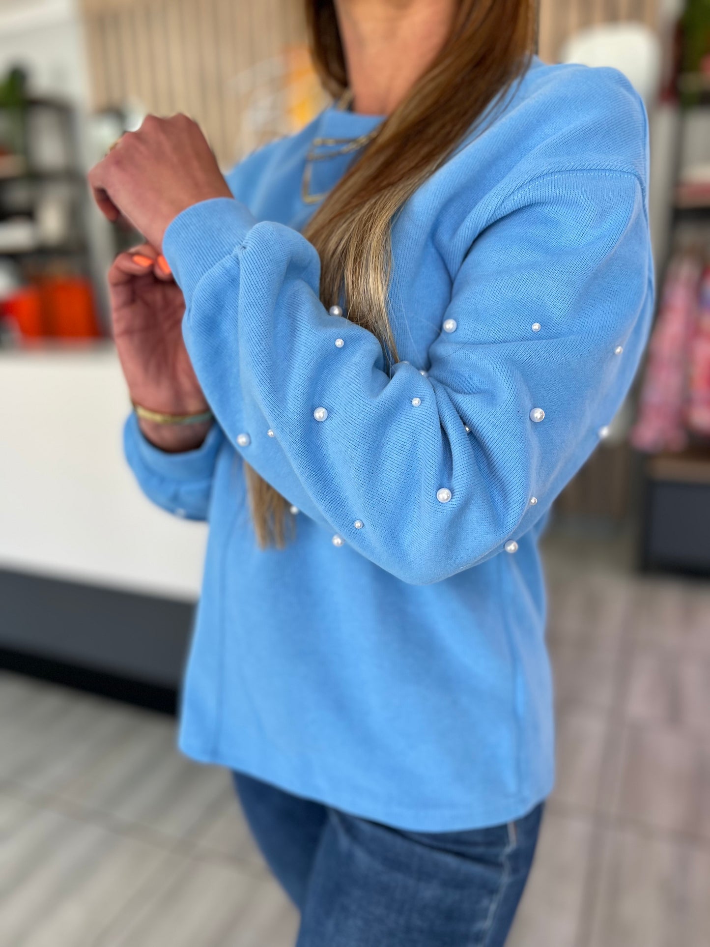 Jane Blue Pearled Sweatshirt