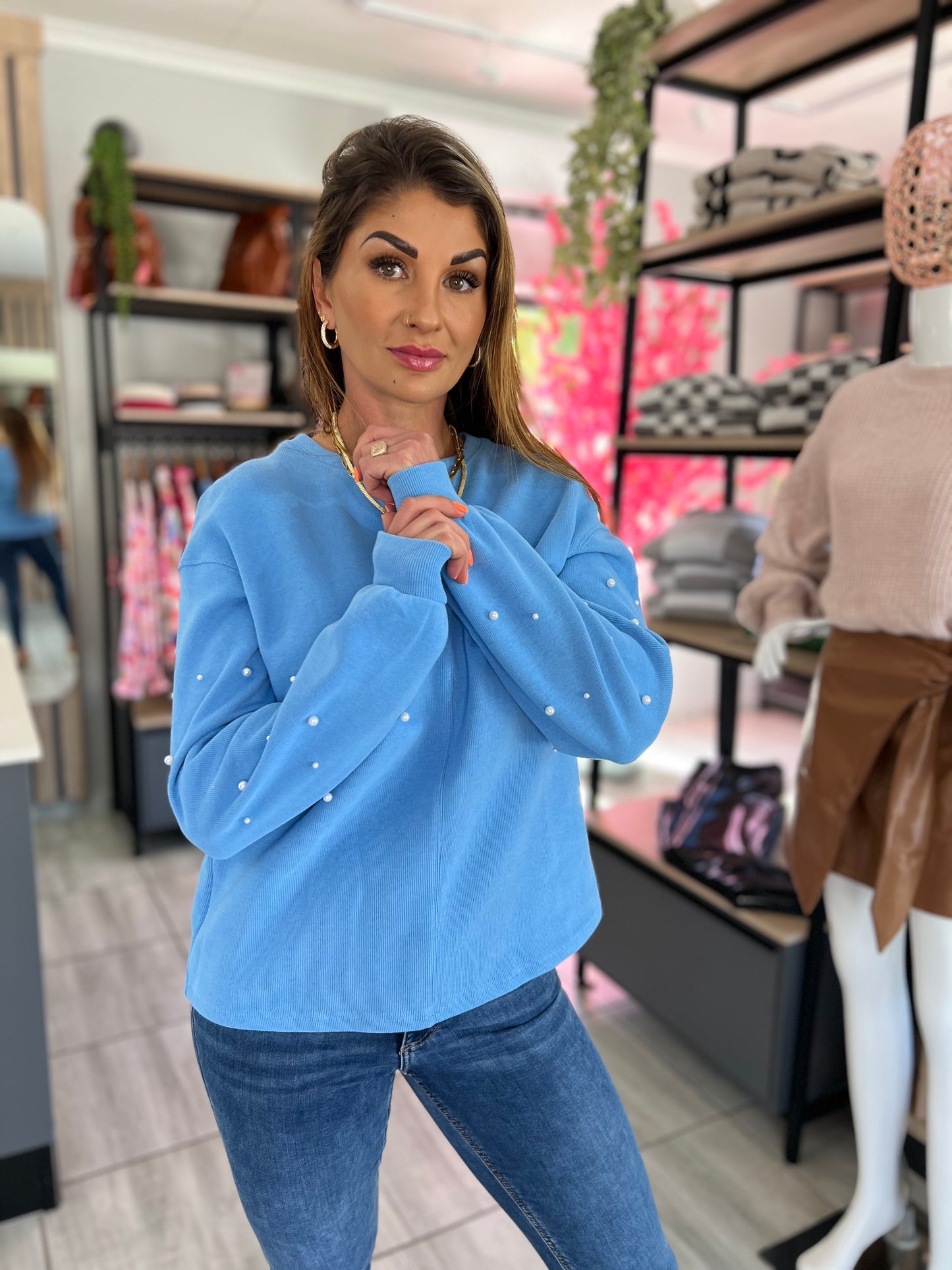 Jane Blue Pearled Sweatshirt