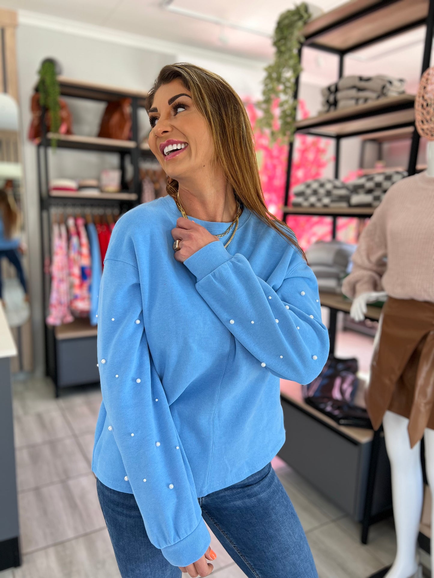 Jane Blue Pearled Sweatshirt