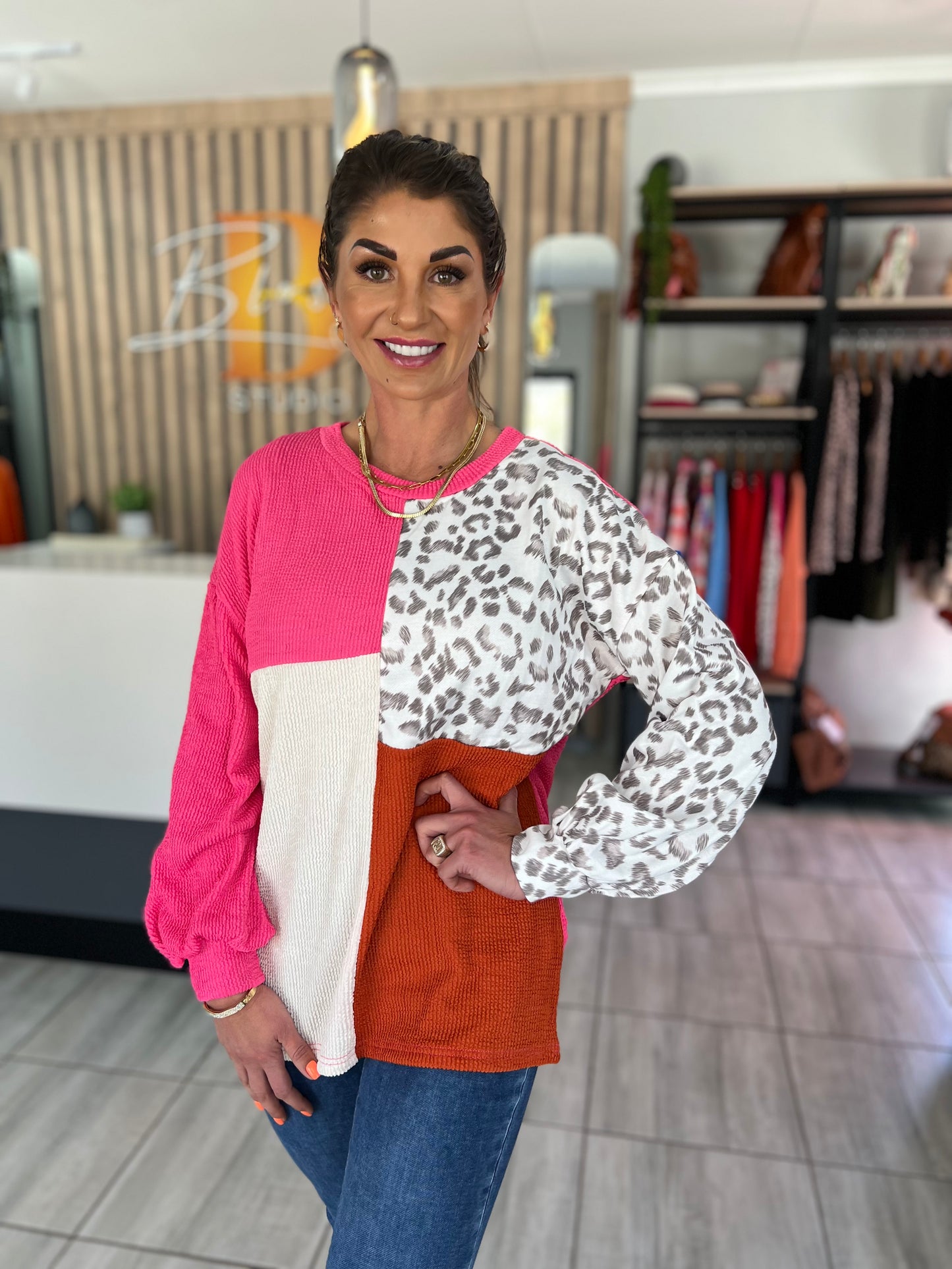 Emery Leopard Patchwork Long Sleeve Top