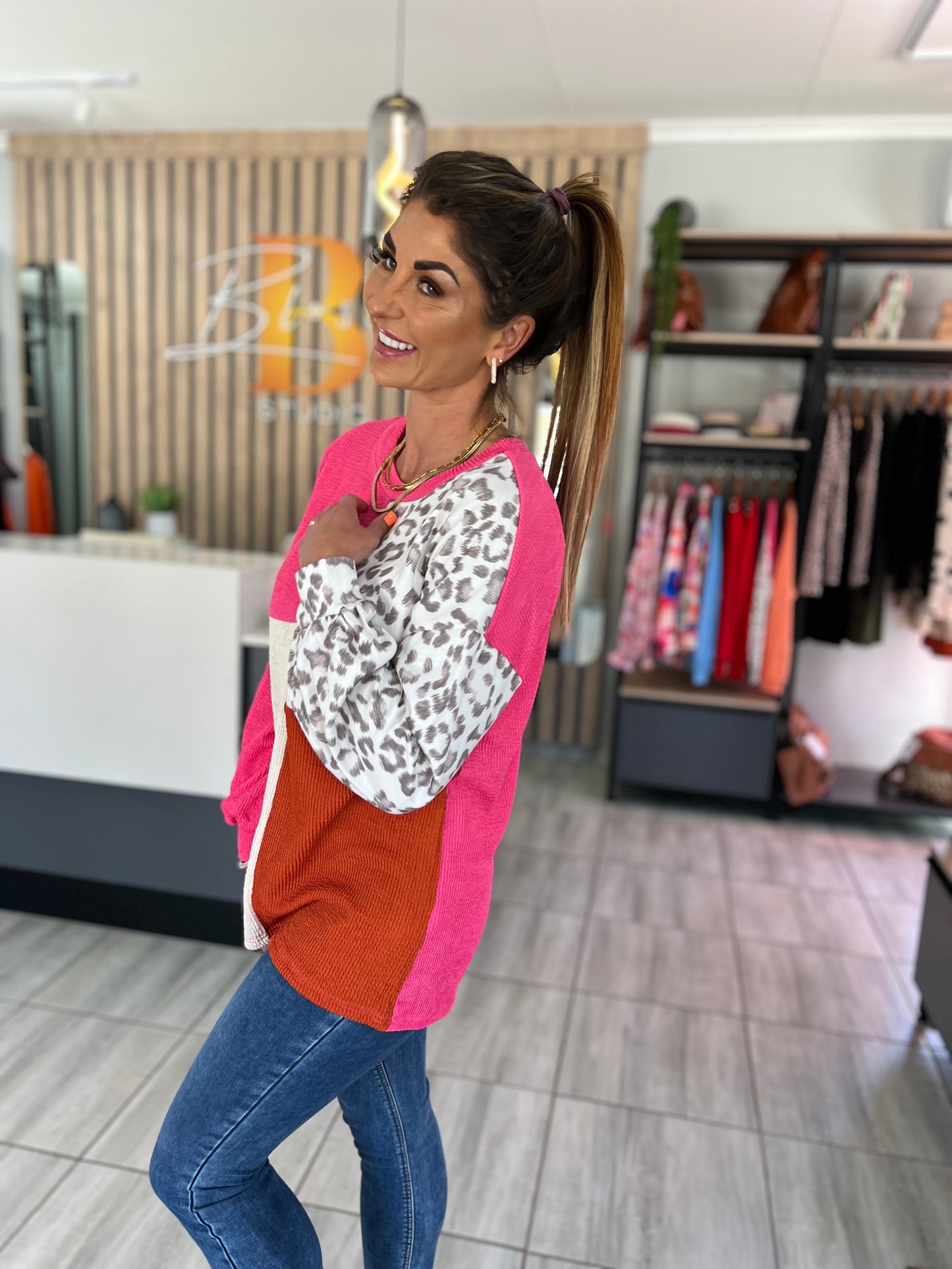 Emery Leopard Patchwork Long Sleeve Top