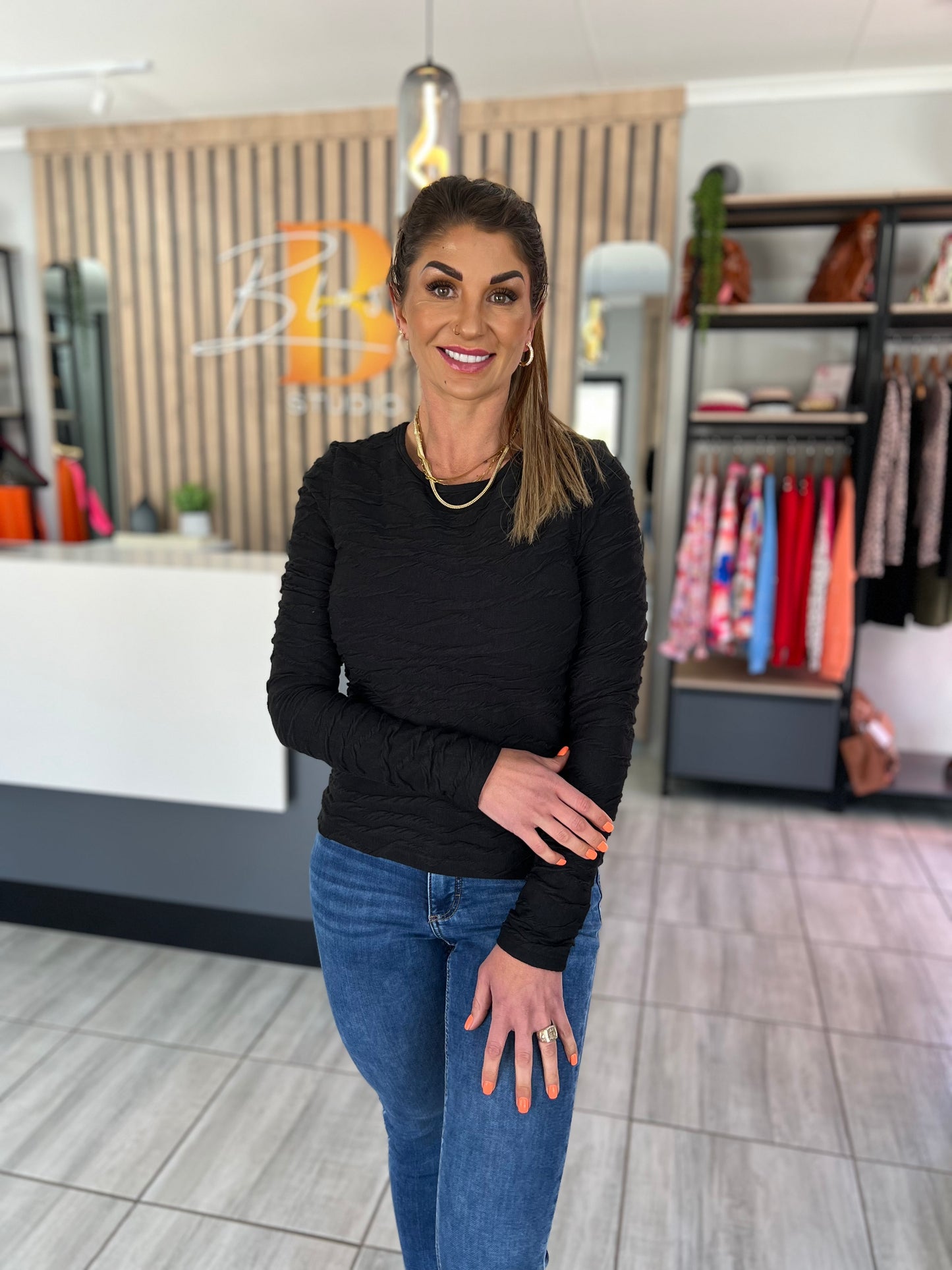Aria Wavy Textured Long Sleeve Top