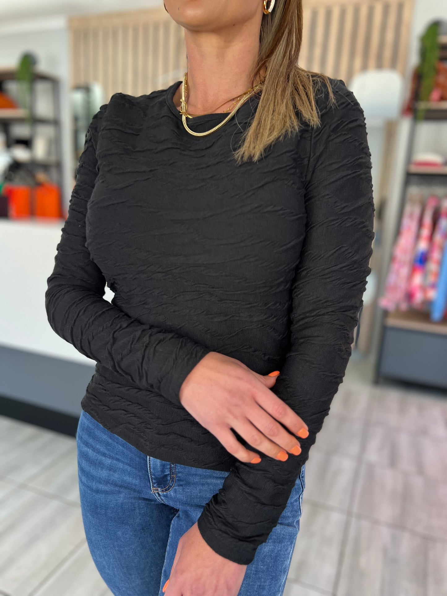 Aria Wavy Textured Long Sleeve Top