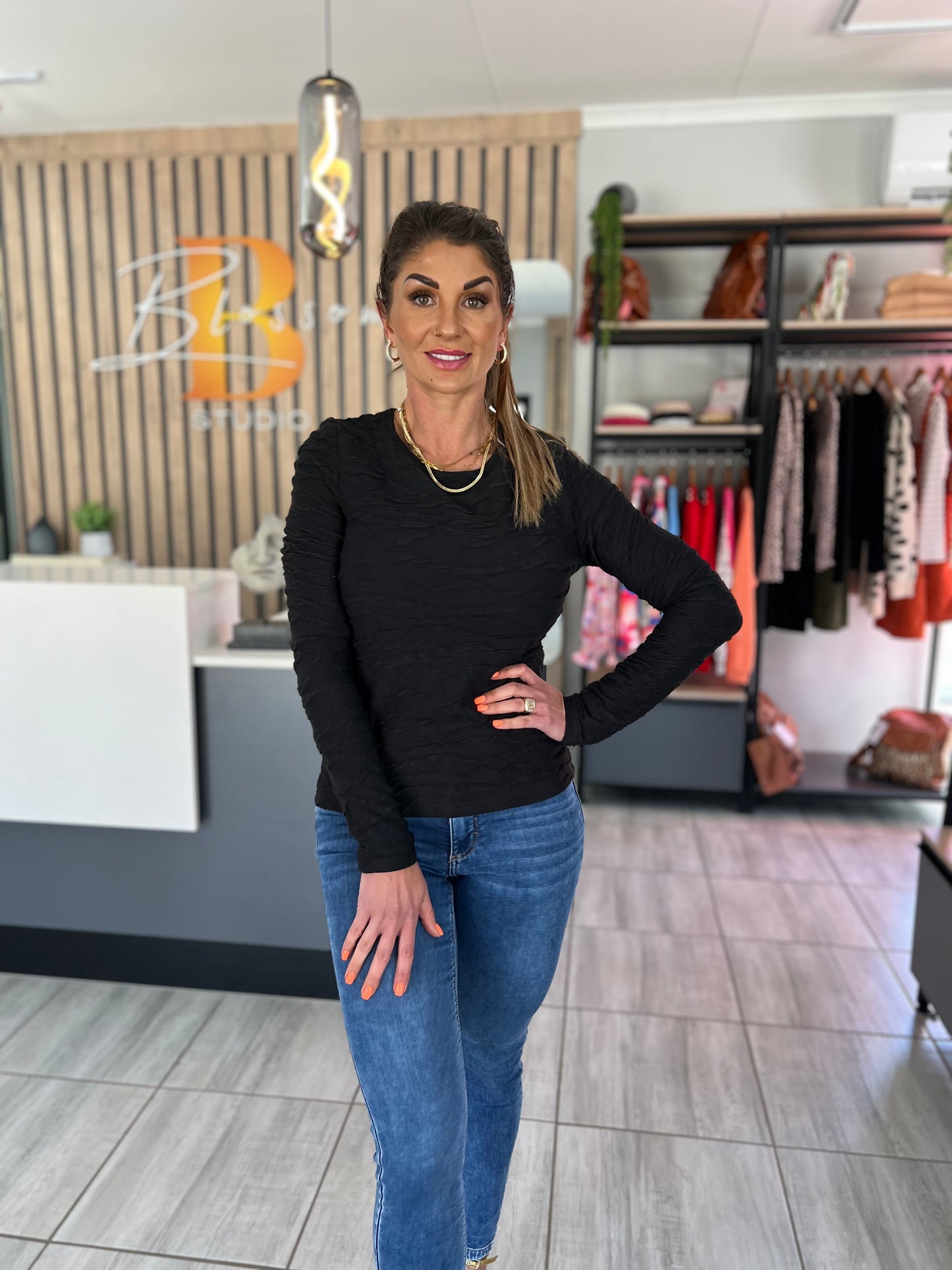 Aria Wavy Textured Long Sleeve Top