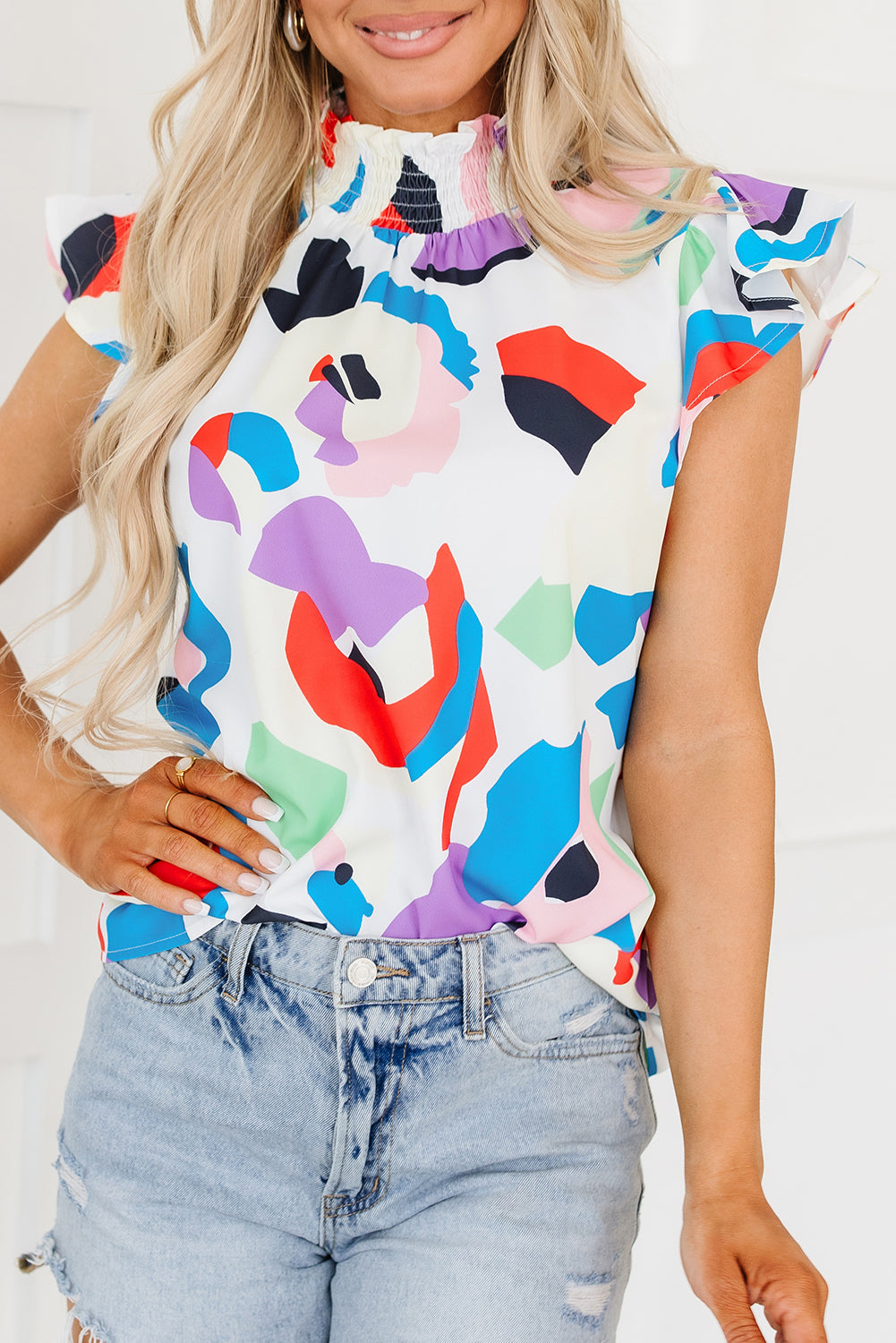 Multi Color Smoked Abstract Blouse