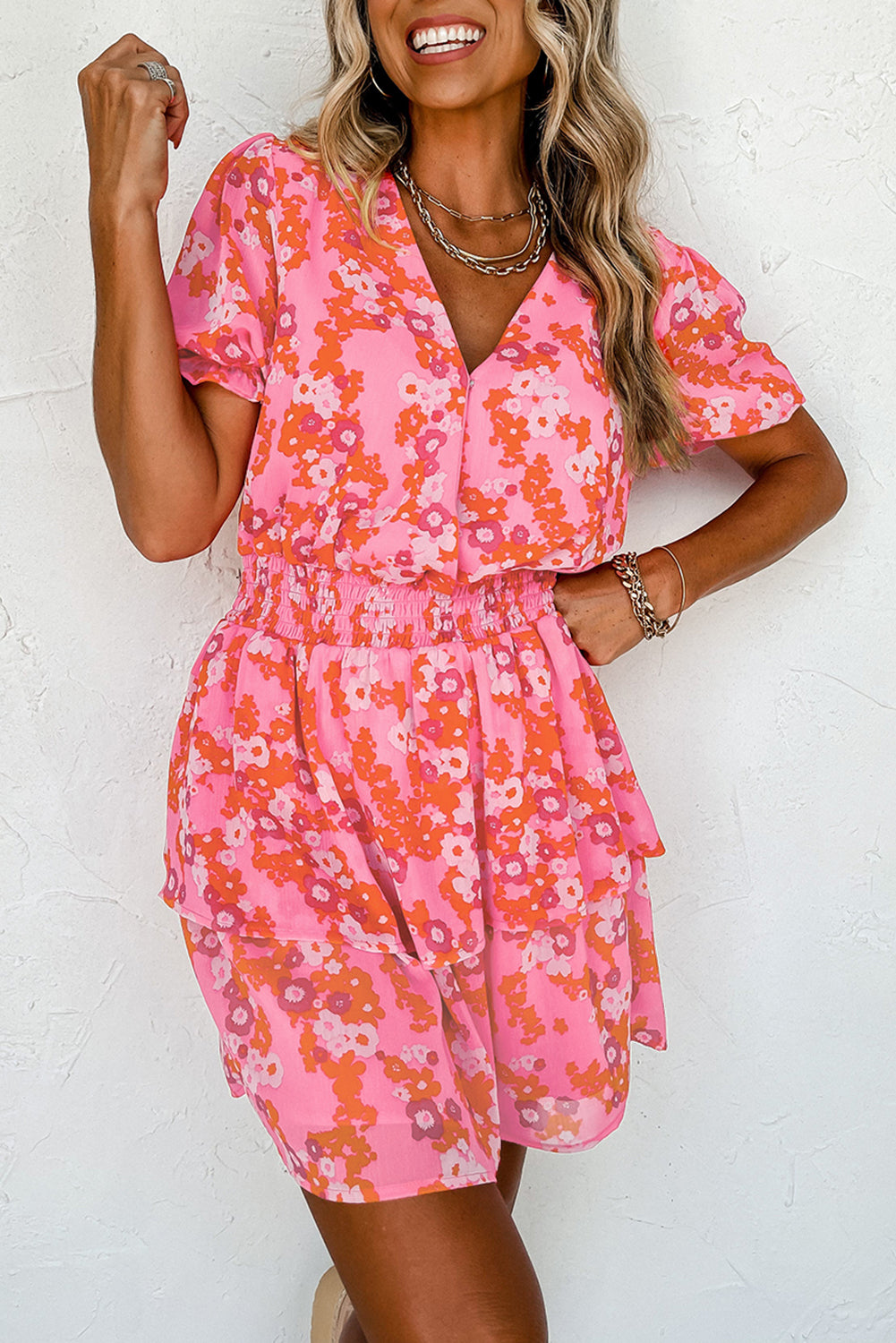 Shades Of Pink V-Neck Ruffle Short Dress