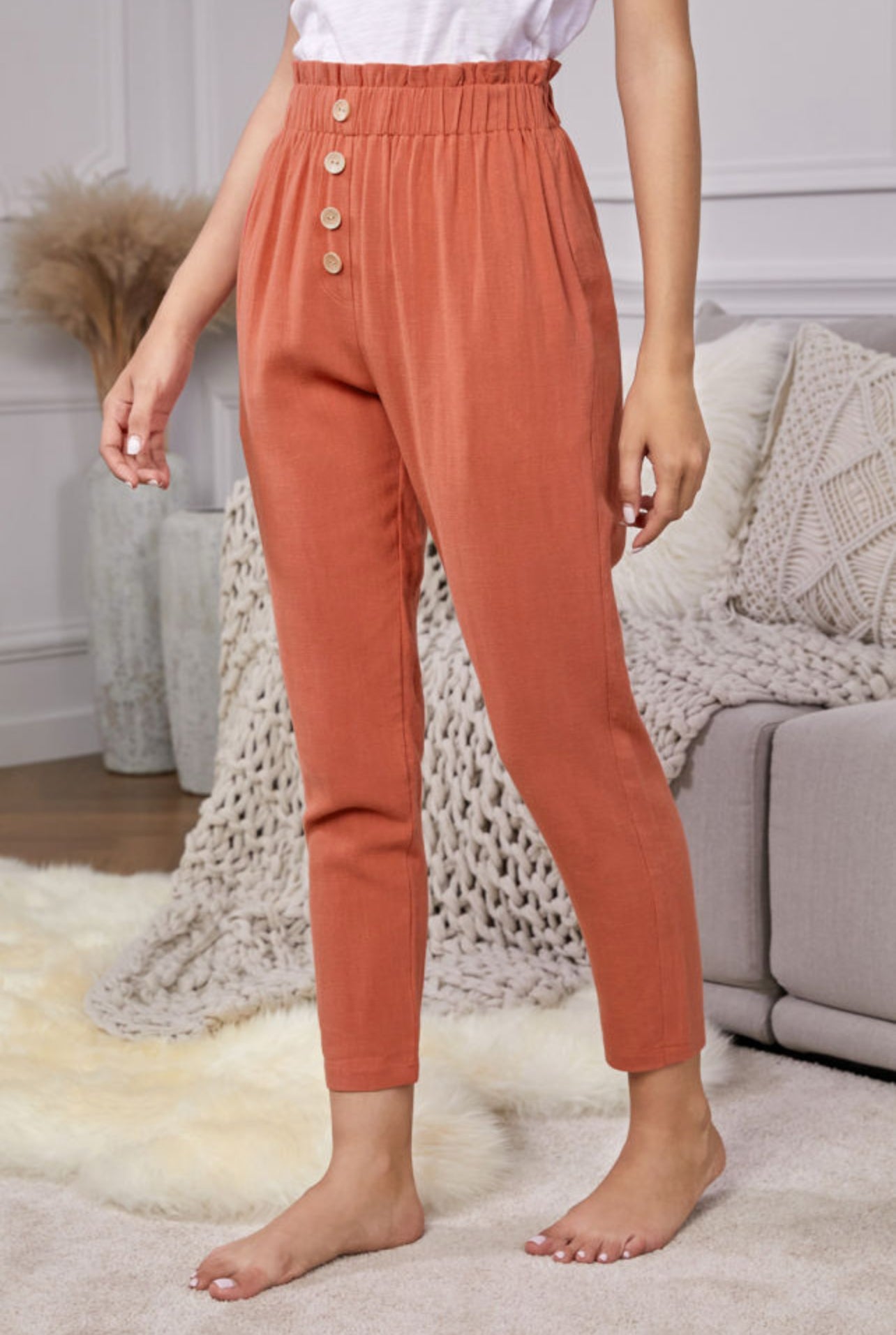 Orange Linen Pants With Pockets