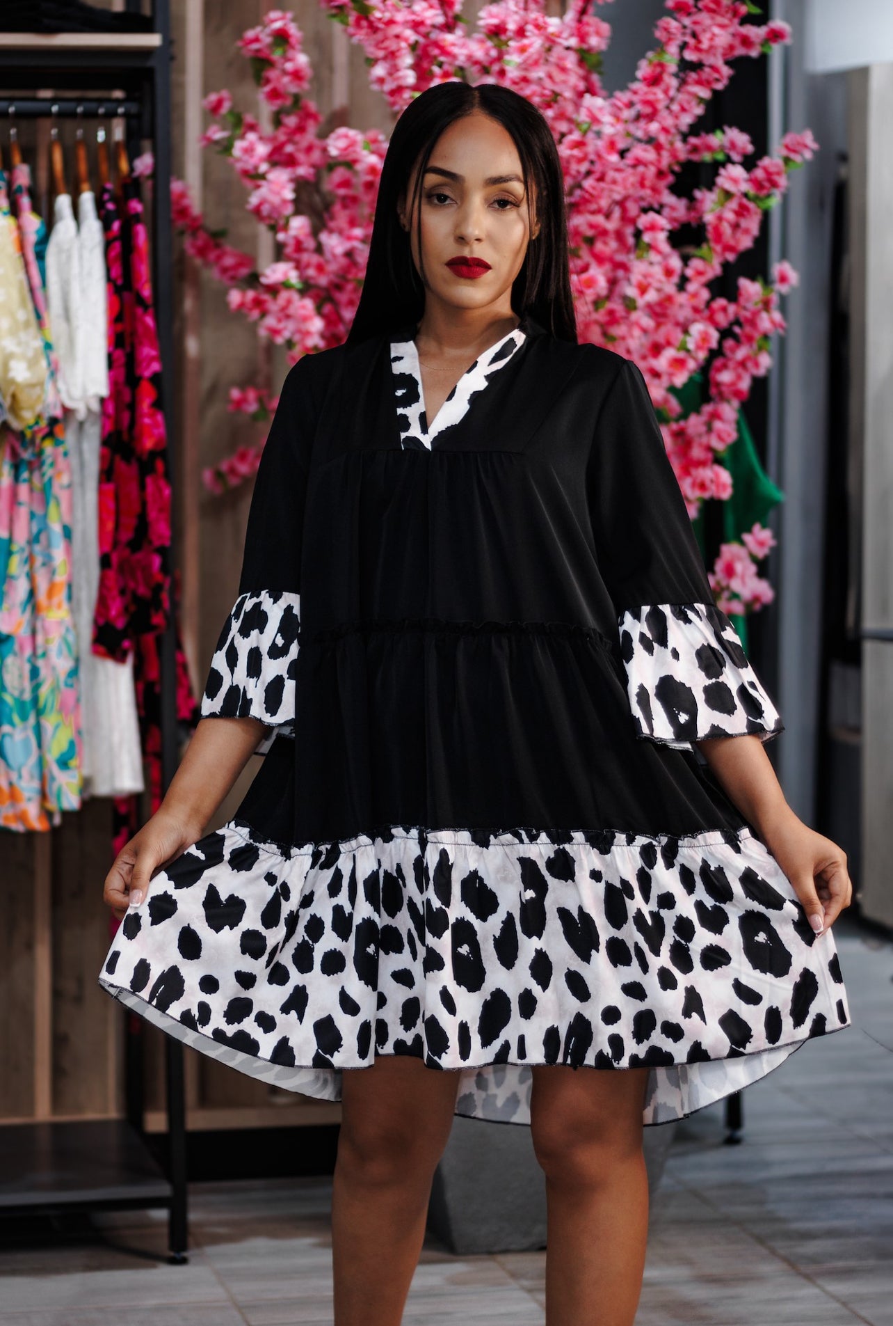 Black Leopard Sleeve Short Dress