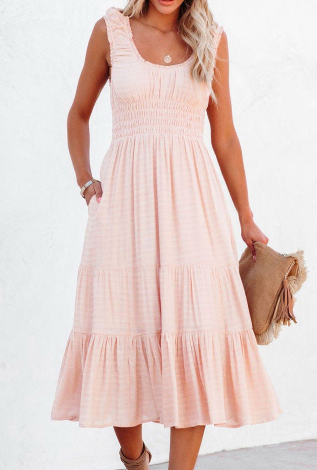 Peach Sleeveless High Waist Midi Dress