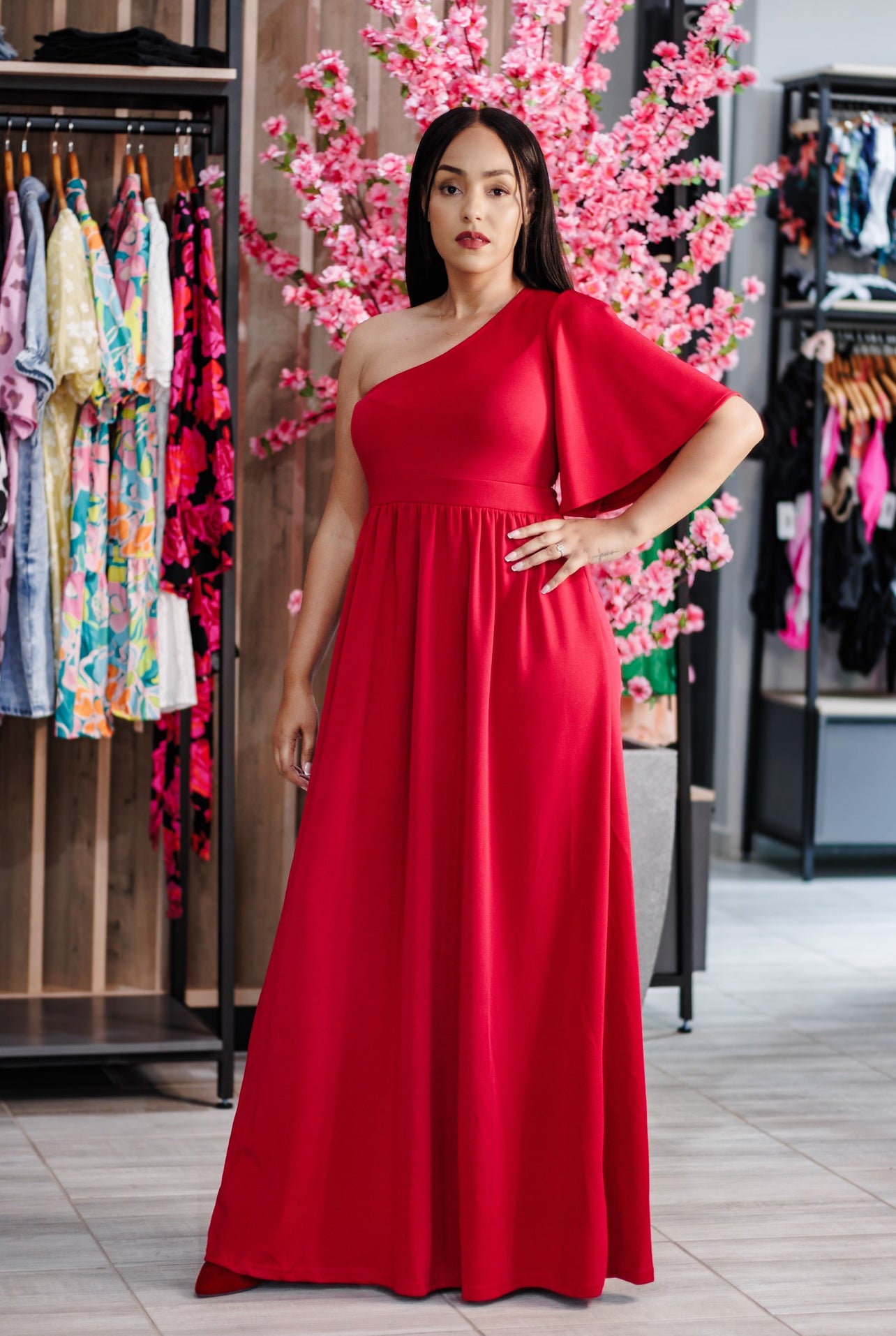 Burgundy Ruffle One Shoulder Long Dress with Slit