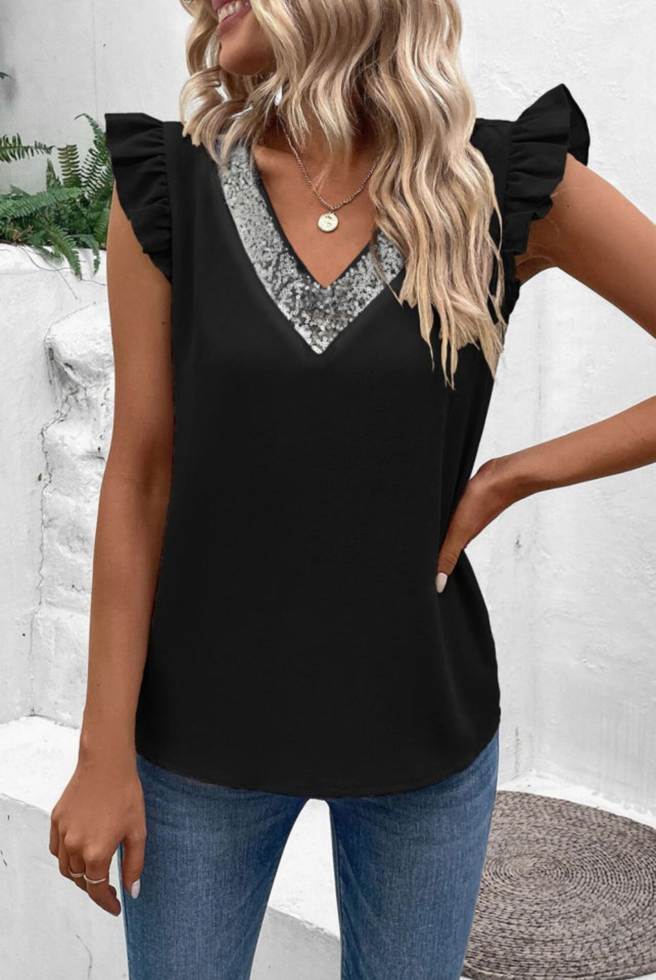Black V-Neck Sequins Blouse