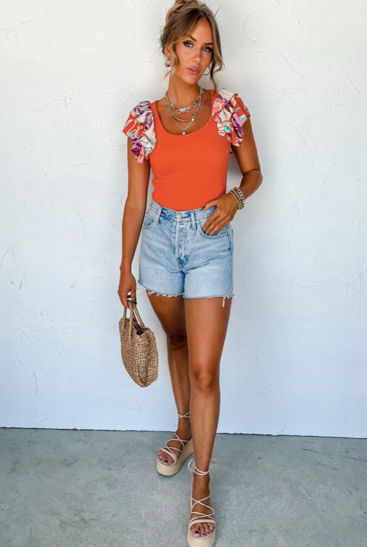 Orange Ruffle Sleeve Bodysuit