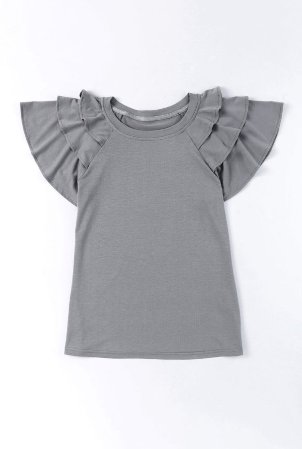 Grey Plain Ruffled Sleeve Tee